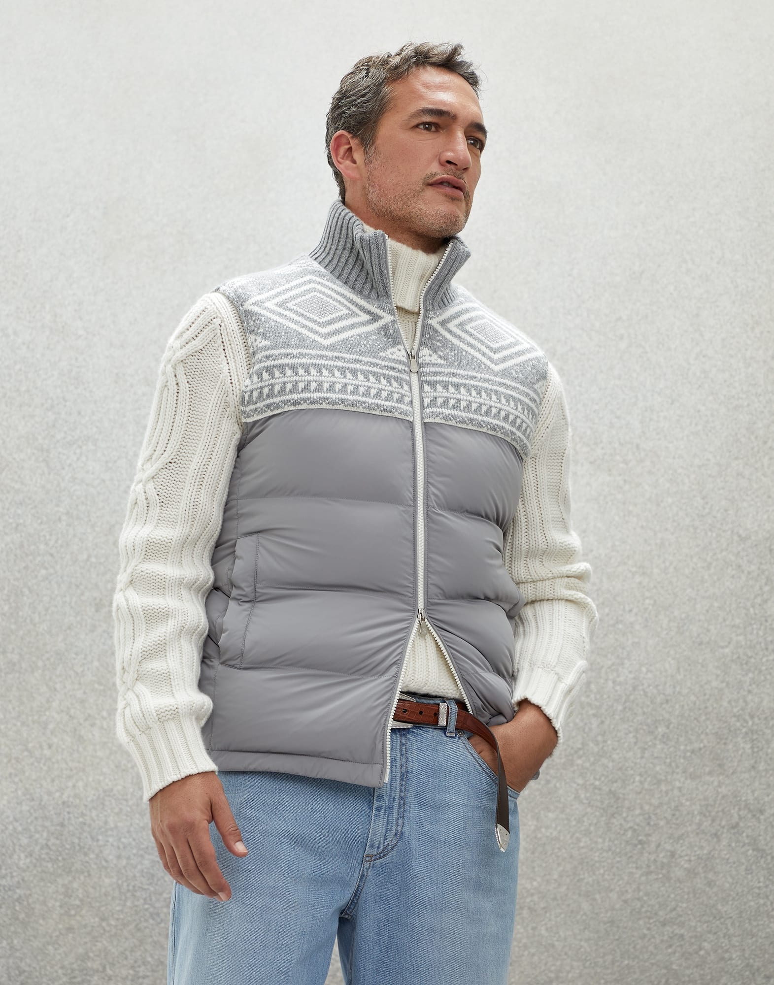 Bonded nylon paneled down vest with jacquard knit shoulders - 1