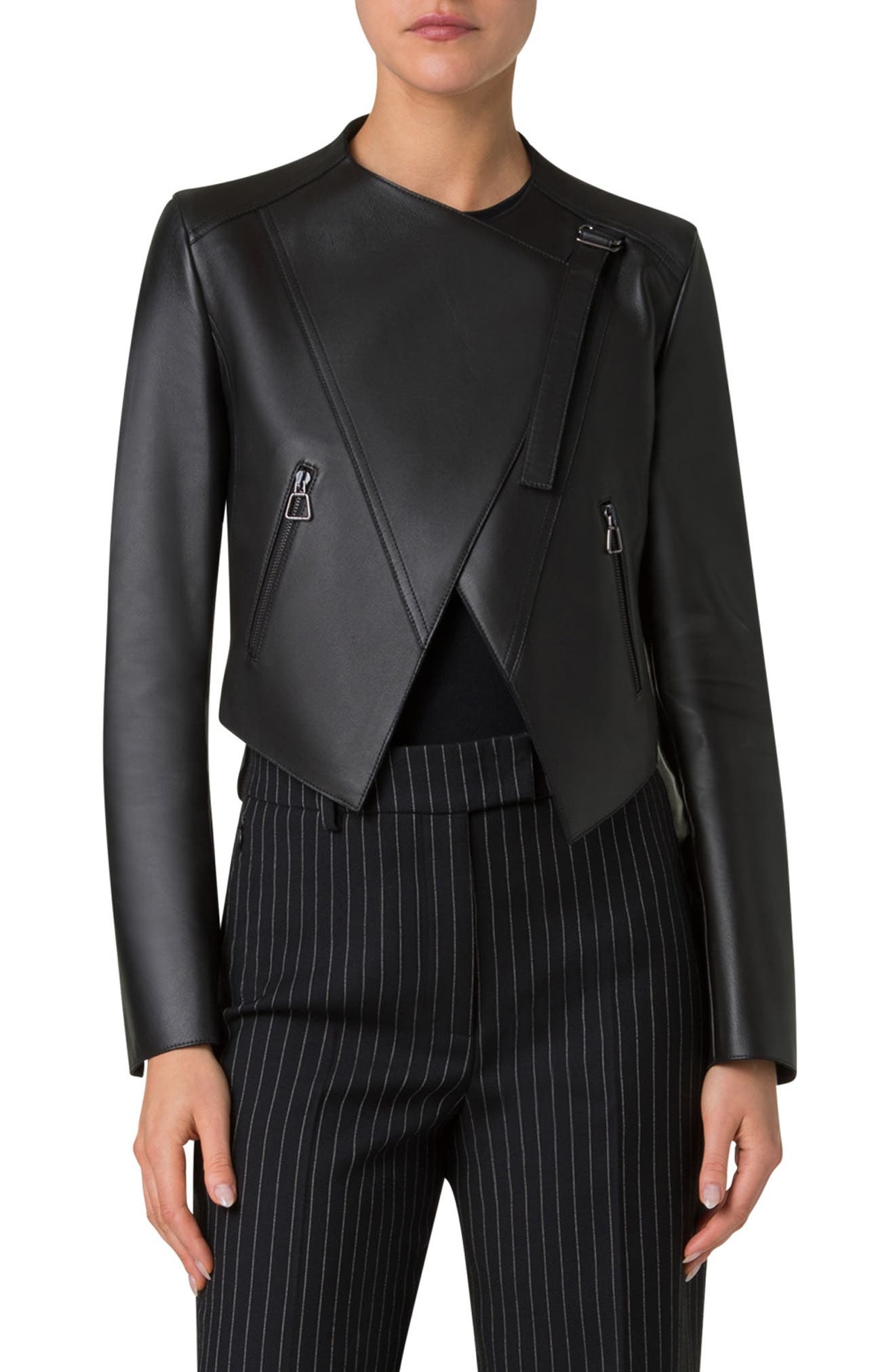 Akris Ariel Asymmetric Leather Crop Jacket in Black at Nordstrom - 1
