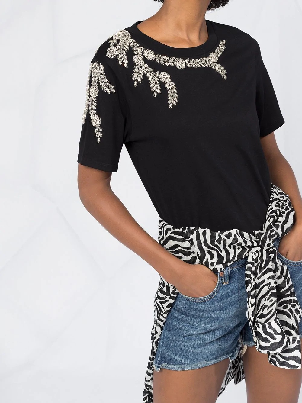 round neck rhinestone appliqué T-shirt - 5