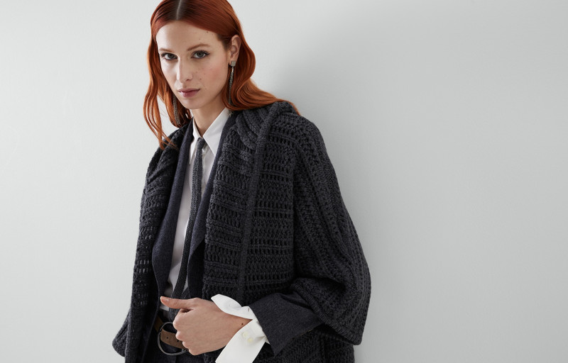 Cashmere Feather yarn crochet-effect cardigan with hood 6