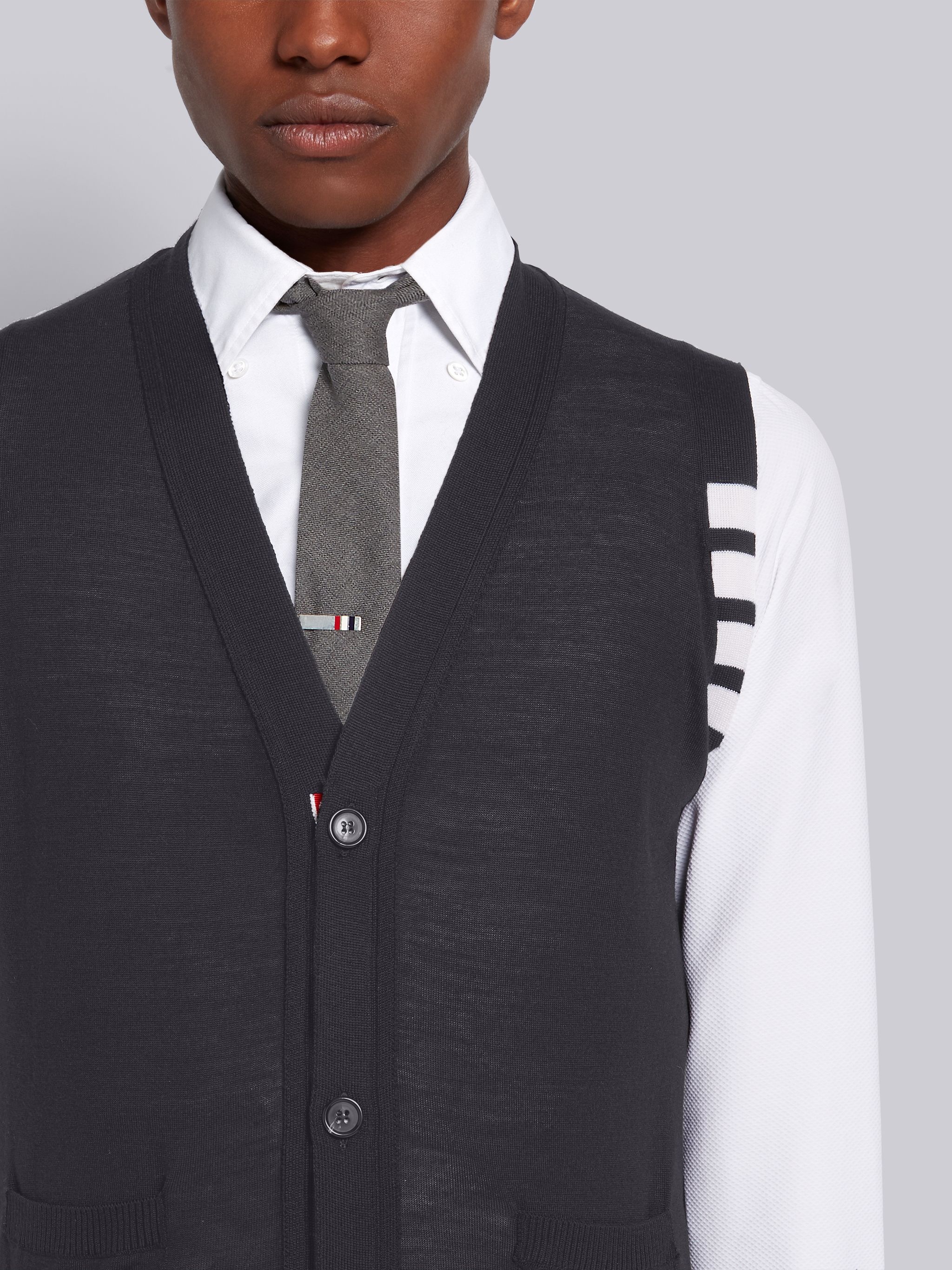 Dark Grey Finemerino Wool 4-bar V-neck Waistcoat - 5