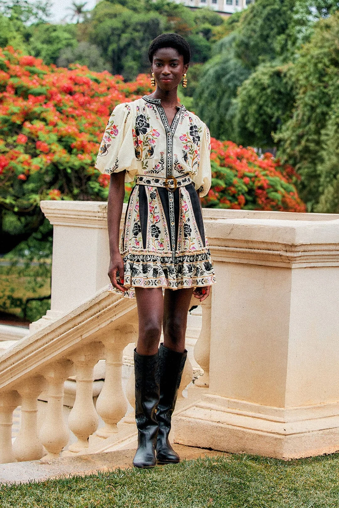 Delicate Floral Belted Buttoned Mini Dress - 1