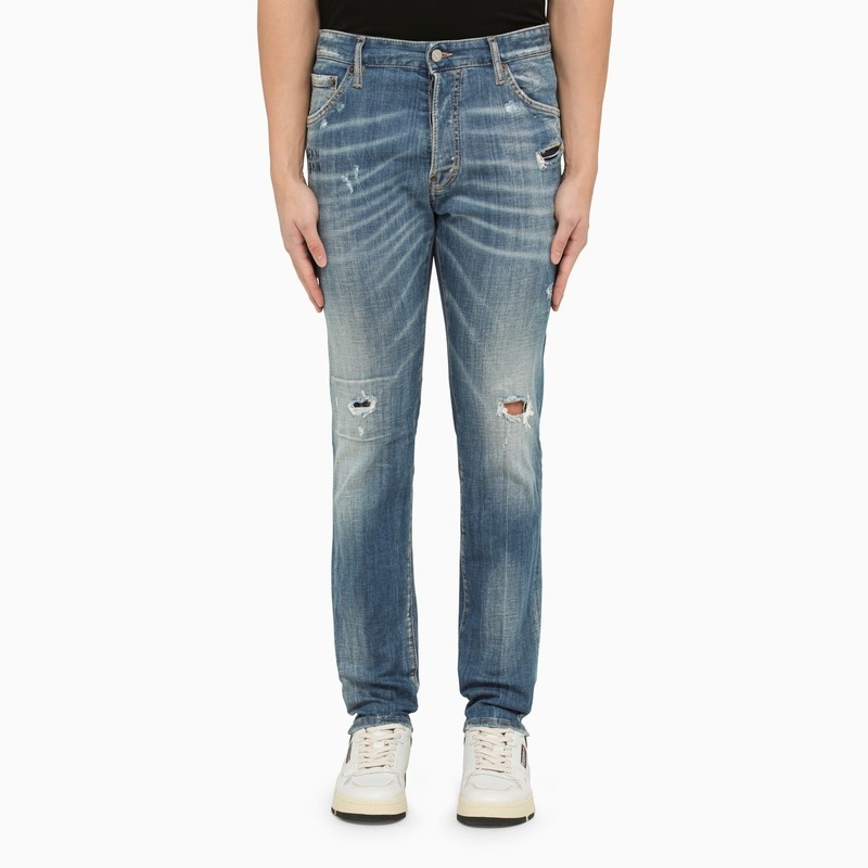 Regular blue washed denim jeans with wear - 1