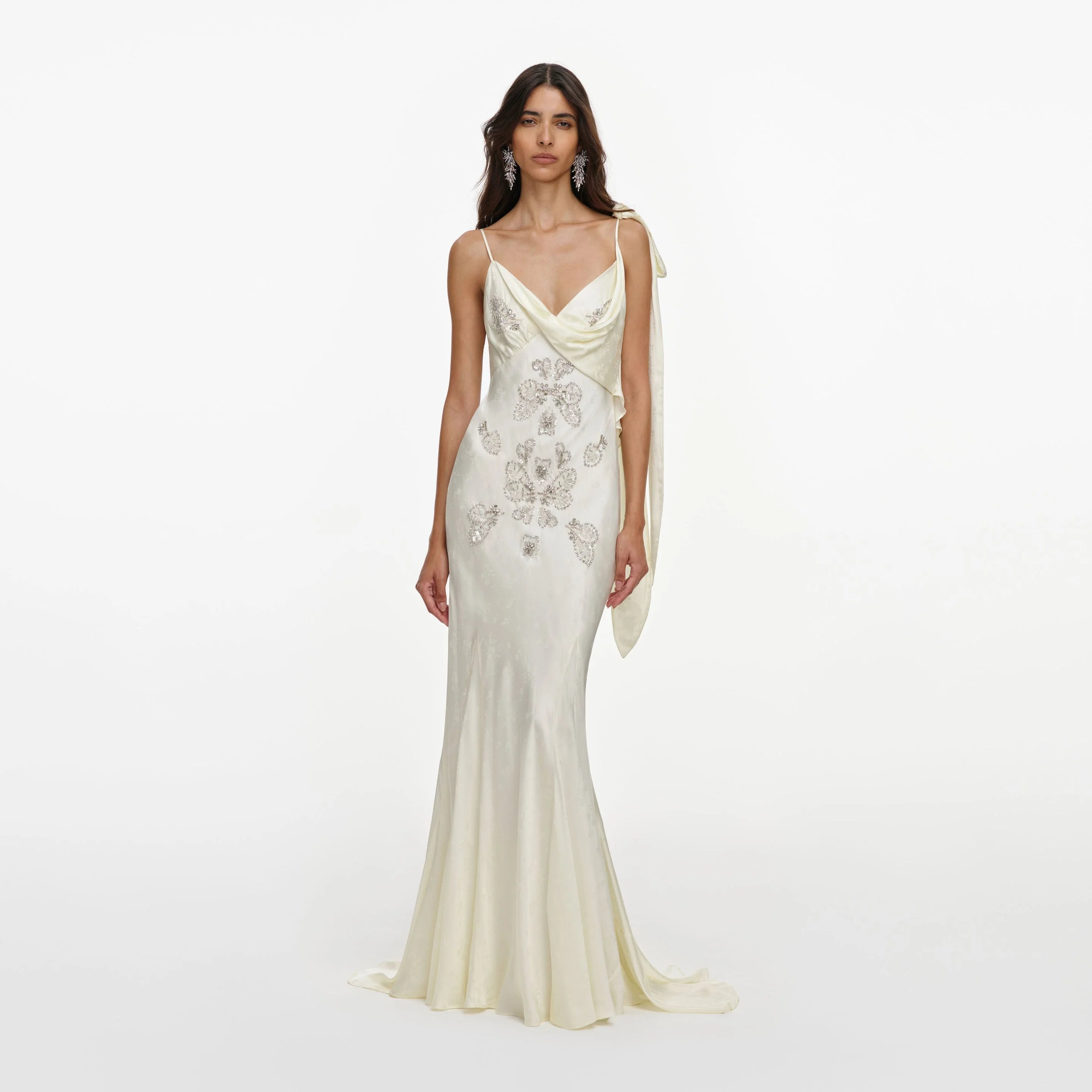 Cream Satin Jacquard Embellished Maxi Dress - 1