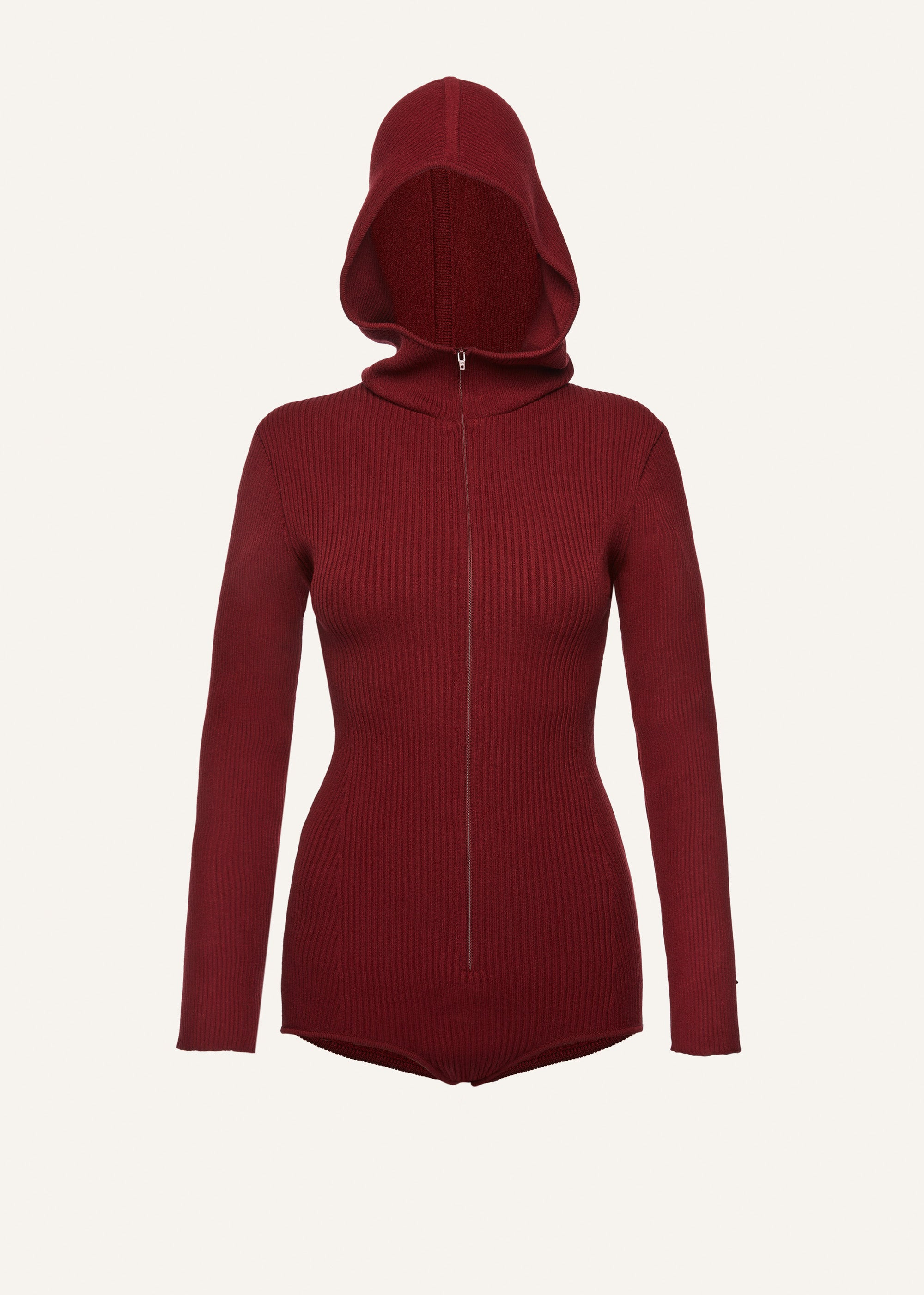 Knit zip up bodysuit in bordeaux - 1