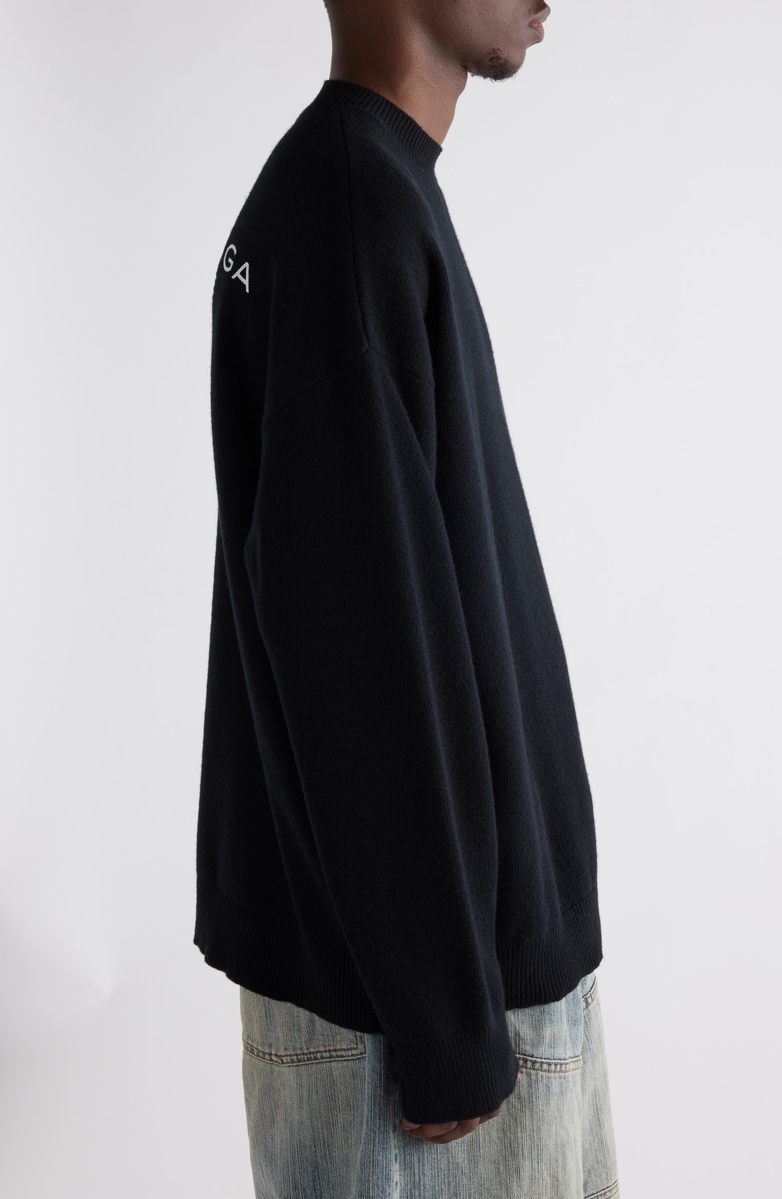 Balenciaga Relaxed Logo Embroidered Virgin Wool Sweater in 1000 Black at Nordstrom - 4