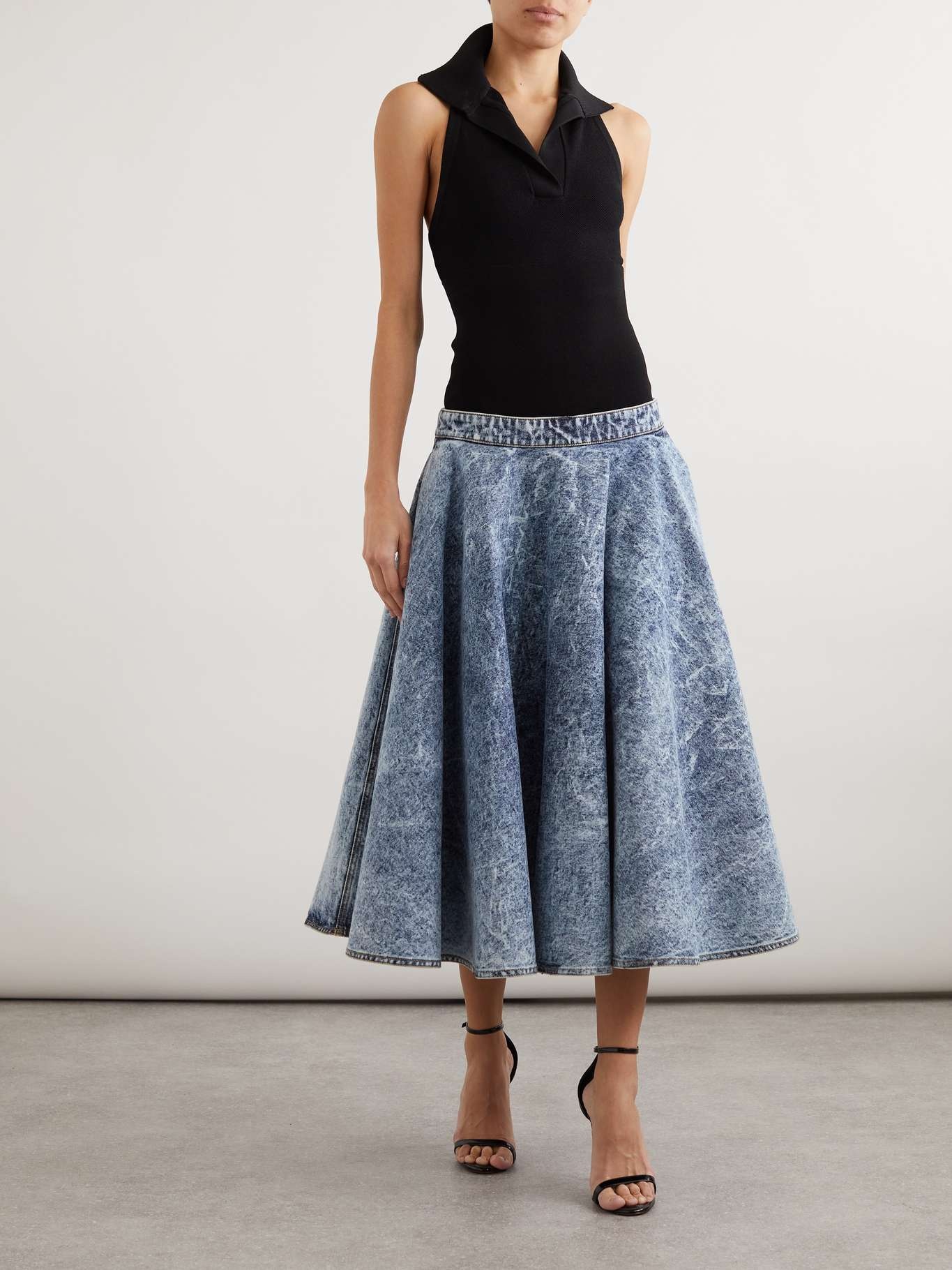 Stretch-knit and pleated denim midi skirt - 2