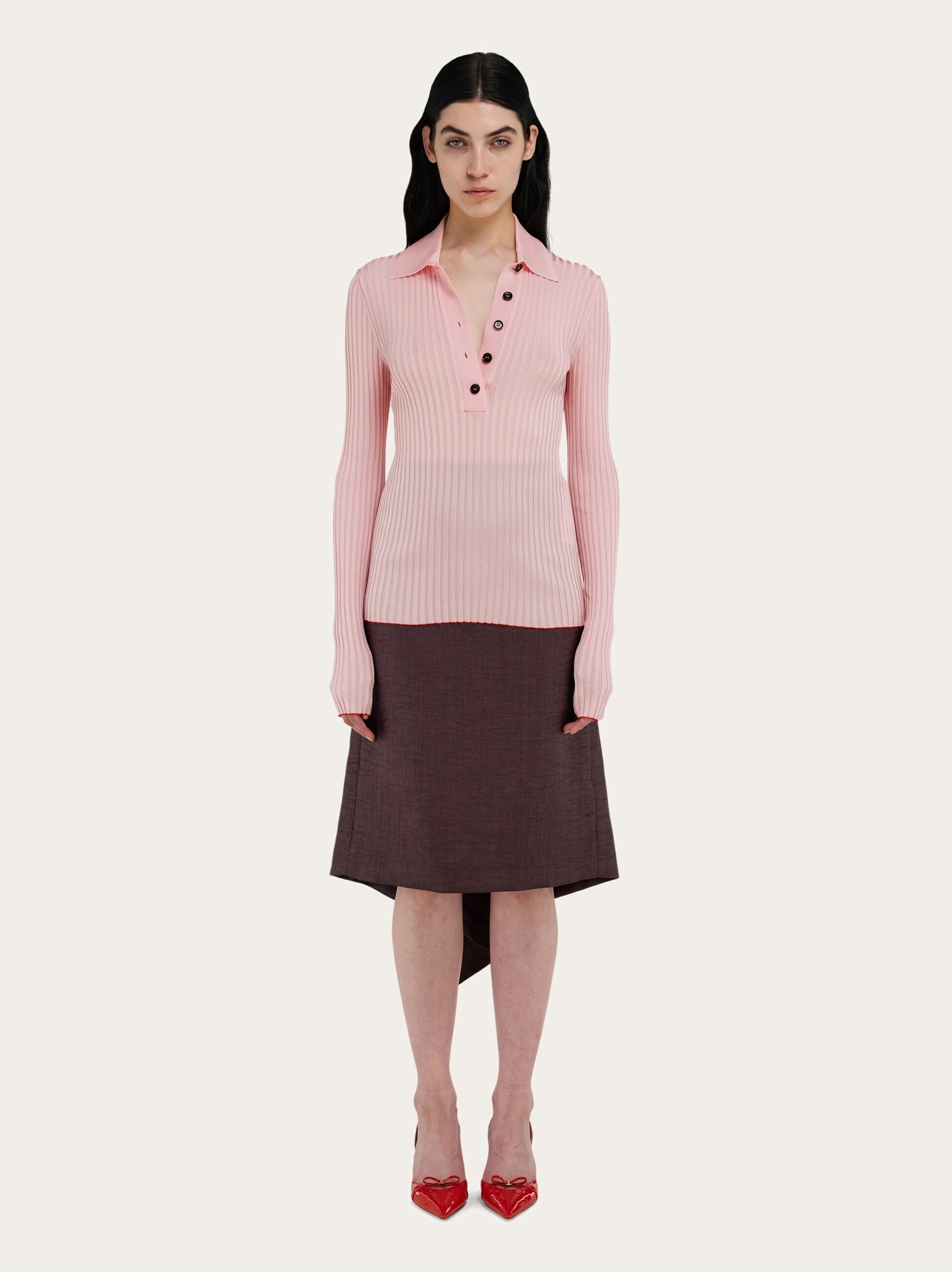 Long sleeved ribbed knit polo top - 8