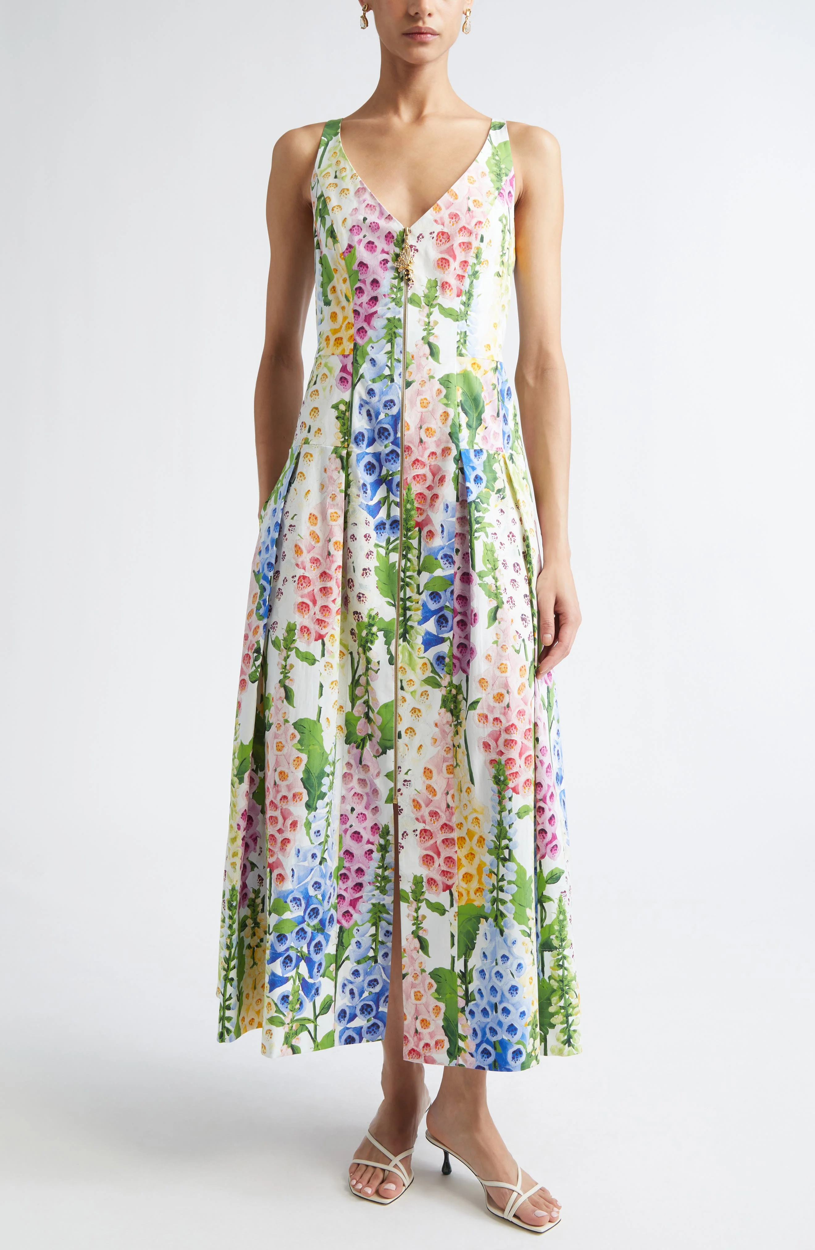 Oscar de la Renta Foxglove Print Sleeveless Stretch Poplin Dress in White Multi at Nordstrom - 1