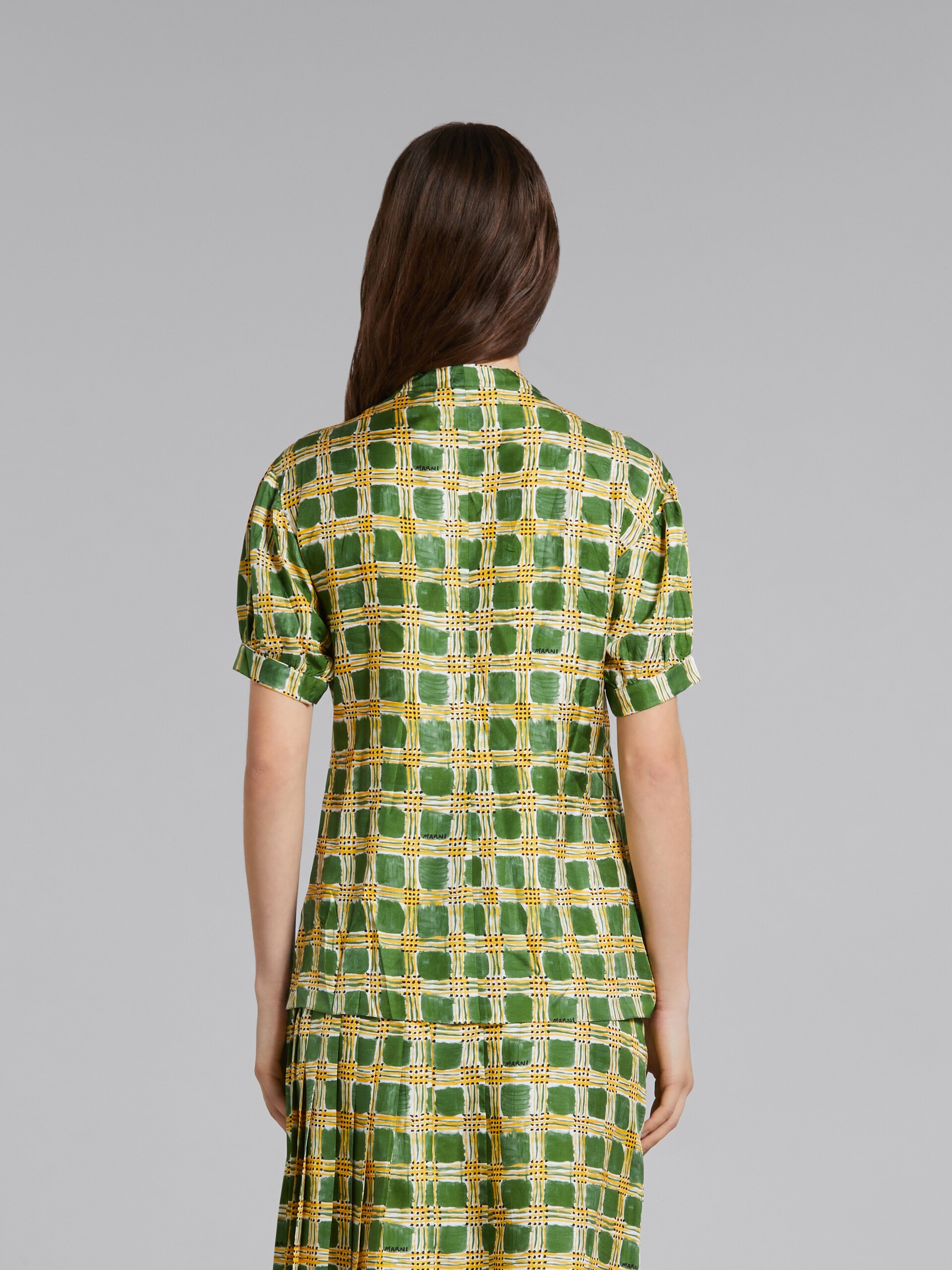 GREEN SILK TWILL TOP WITH CHECK FIELDS PRINT - 3