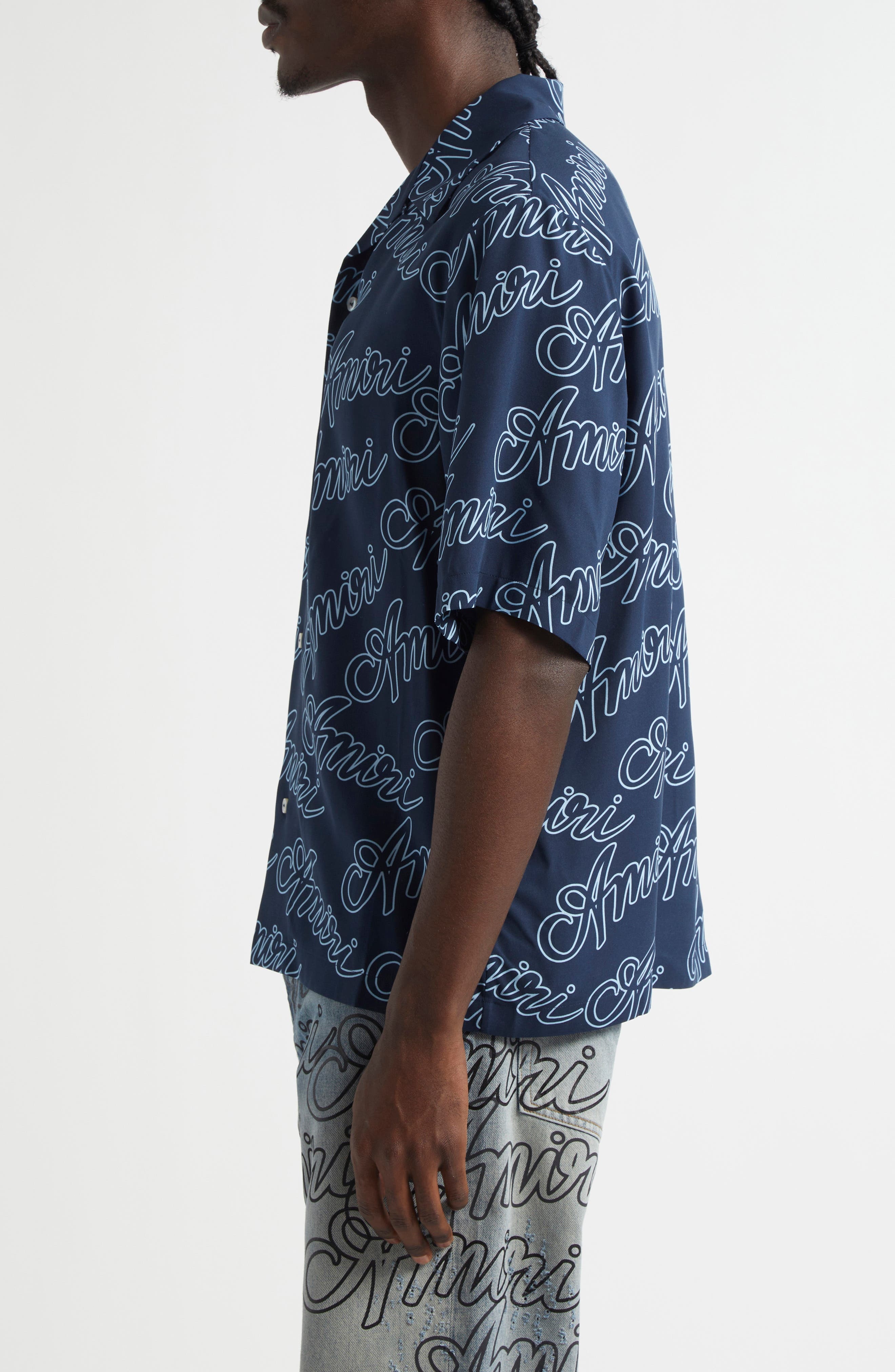 AMIRI Script Bowling Shirt in Midnight Blue at Nordstrom - 4