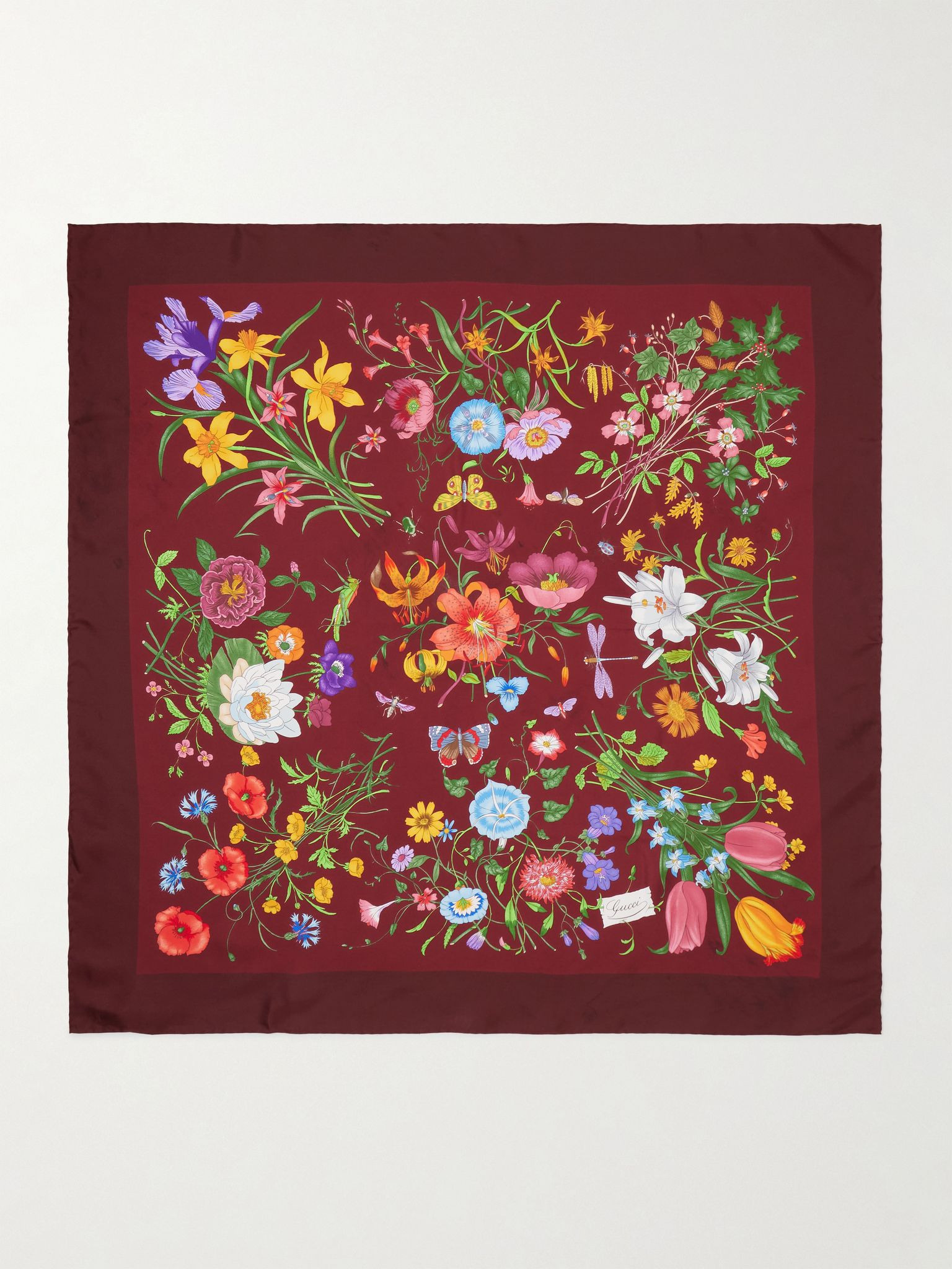 Flora floral-print silk-twill scarf Burgundy - 1