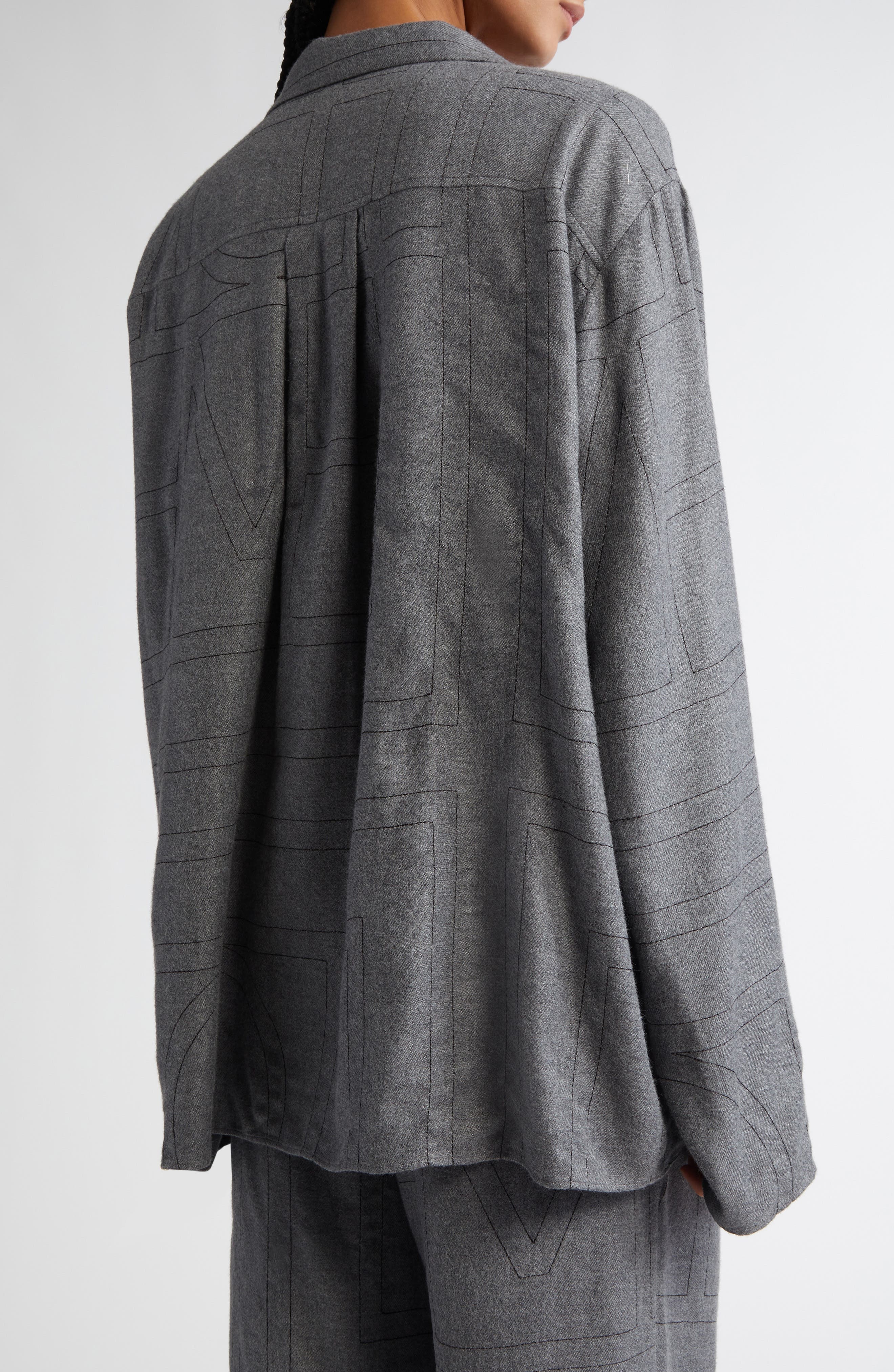 TOTEME Monogram Embroidered Flannel Pajama Top in Smoke Melange at Nordstrom - 3