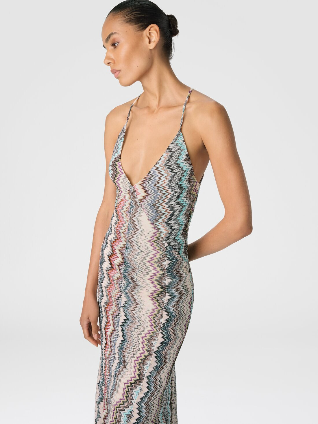 Long V-Neck Dress with Snake Pattern - 5