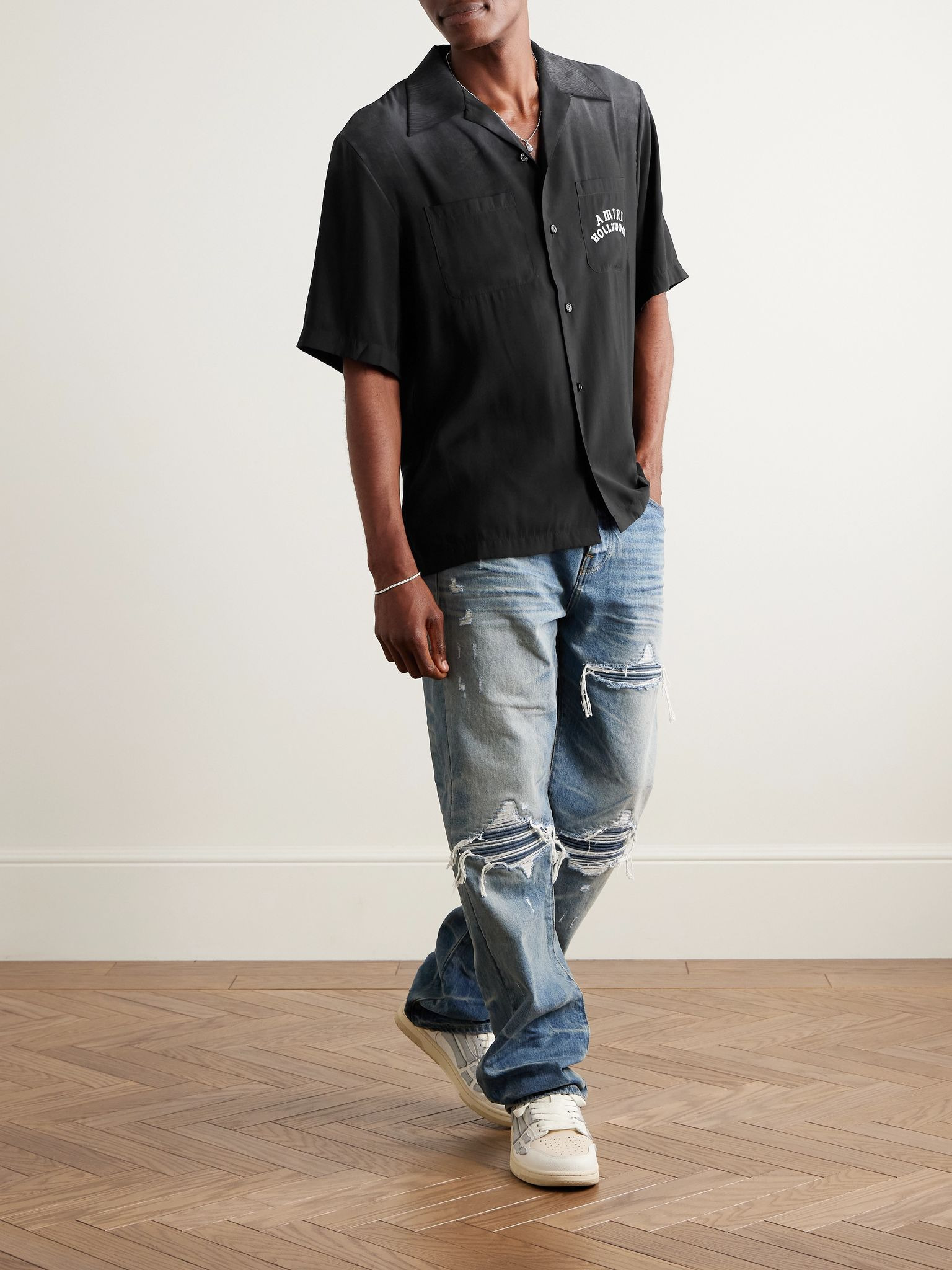 Convertible-Collar Logo-Flocked Modal-Blend Shirt Black - 2
