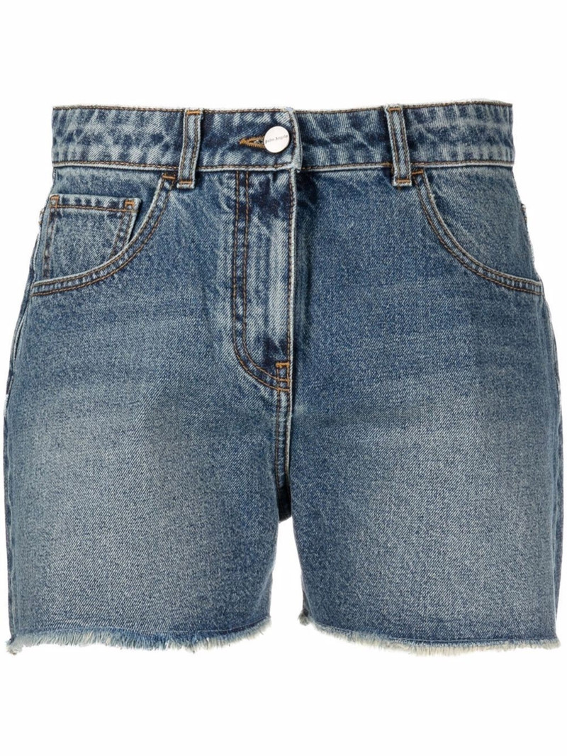 palm tree-embroidered frayed denim shorts - 1