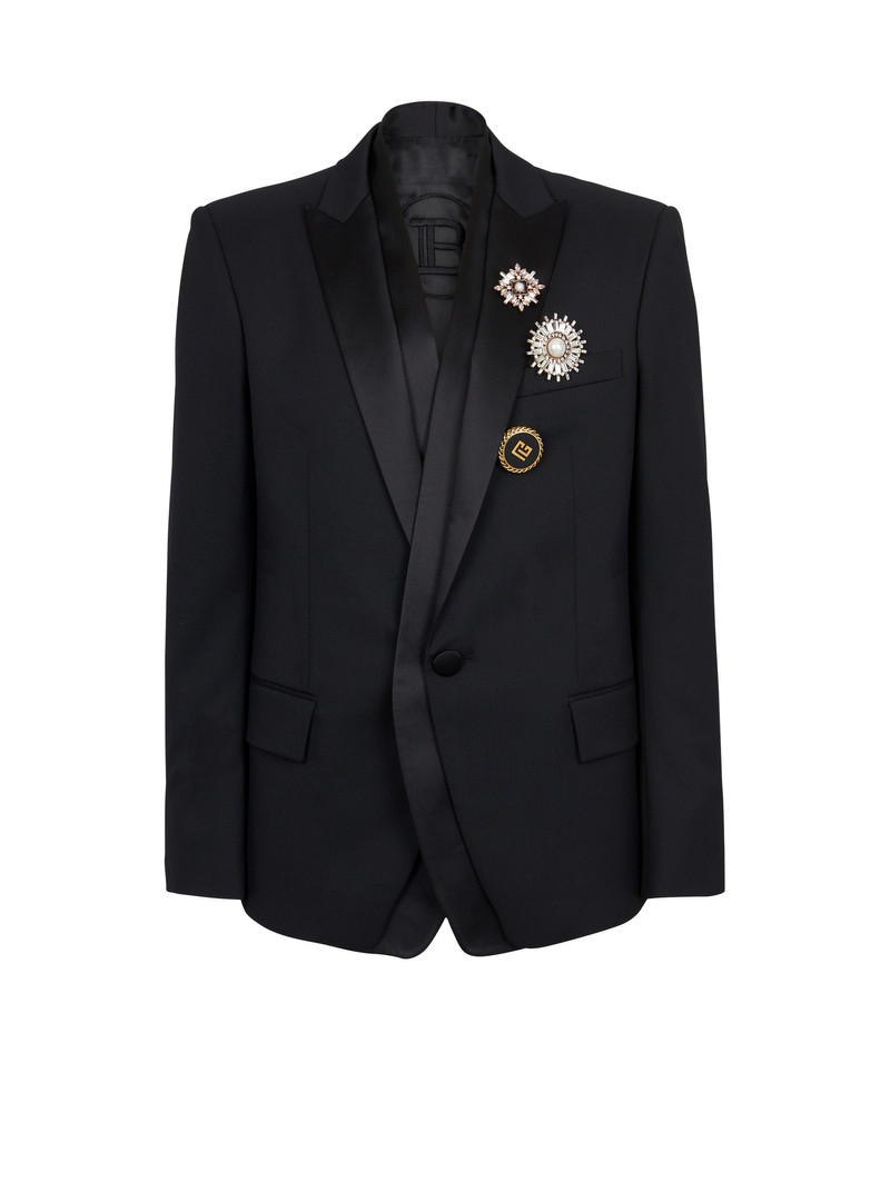 Wool blazer with embroidered badges and satin collar 1