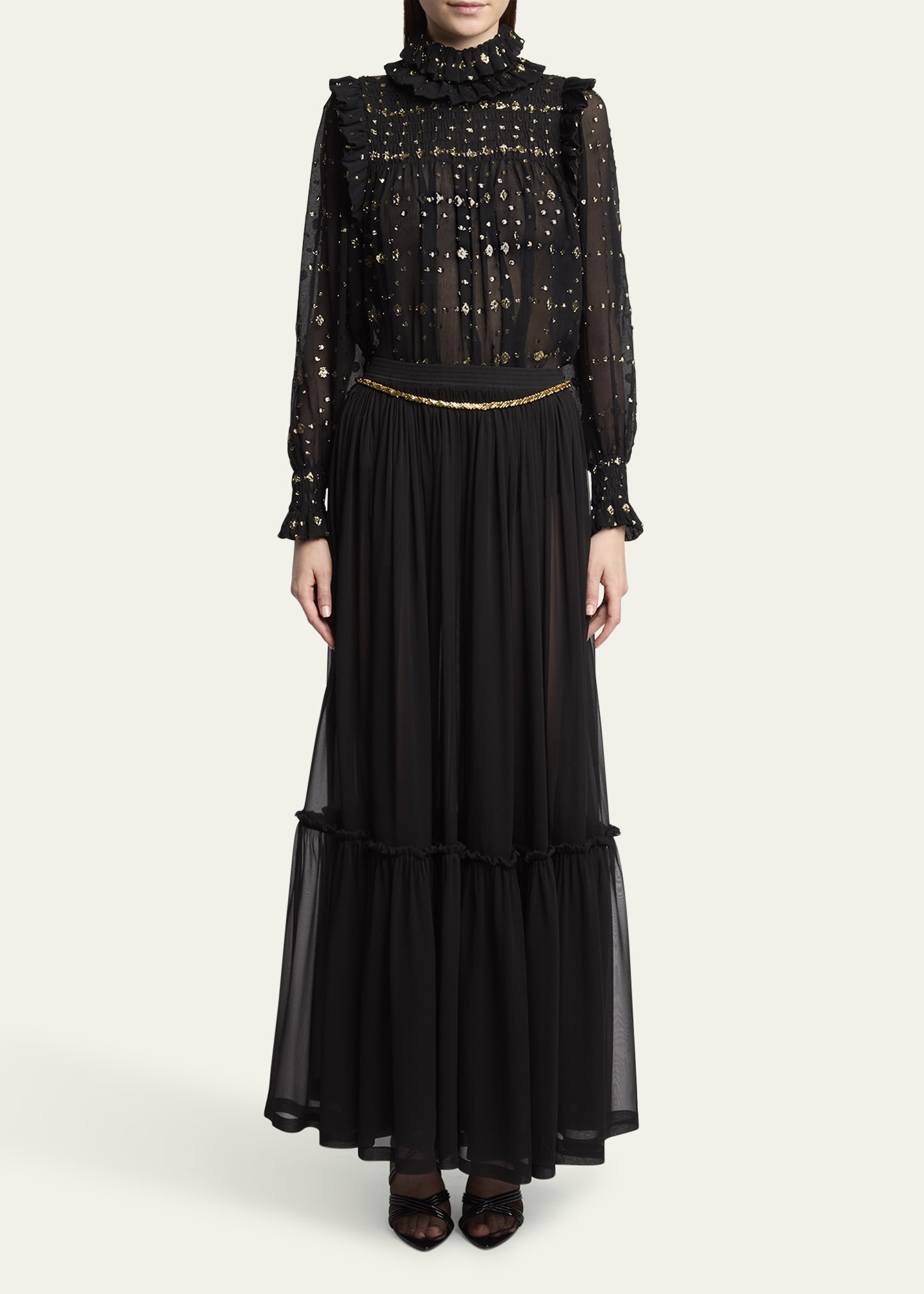 Smocked Sheer High Neck Embroidered Blouse - 2