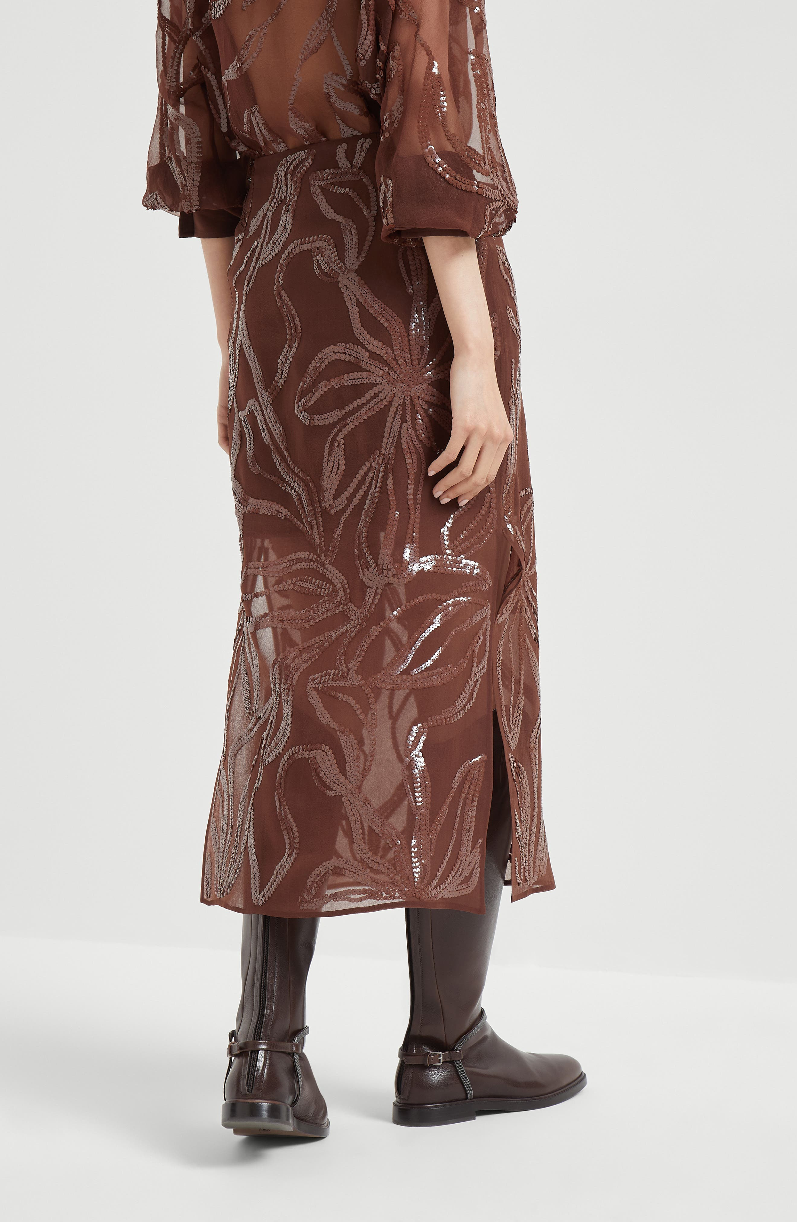 Brunello Cucinelli Skirt with dazzling floral embroidery in Brown at Nordstrom - 3