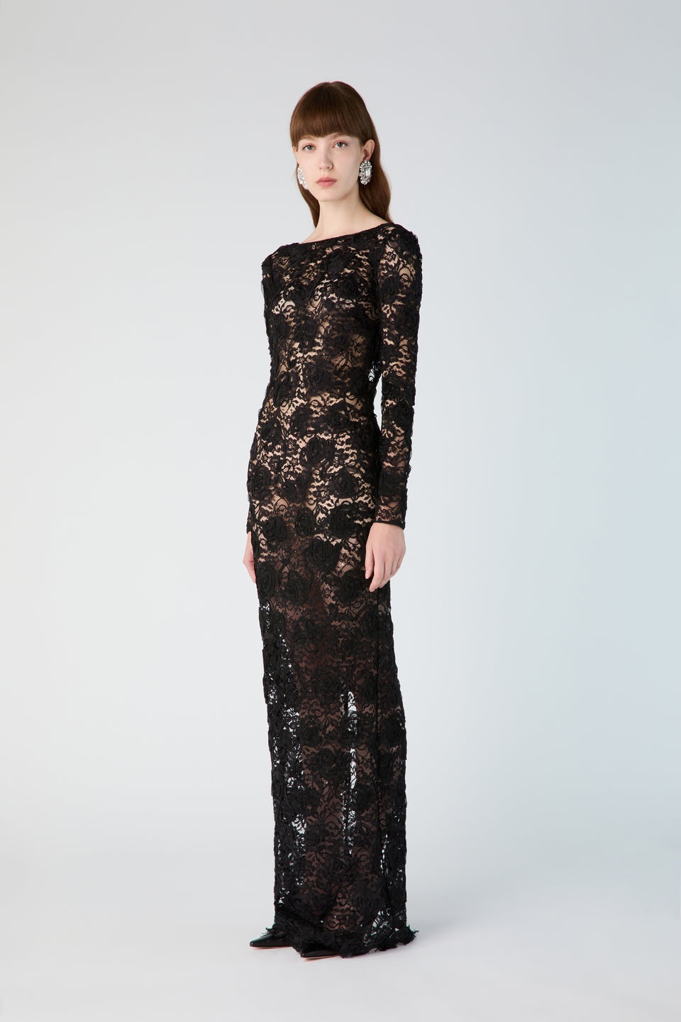 OPEN BACK LACE DRESS WITH SEQUIN, ROSE EMBROIDERY - 4
