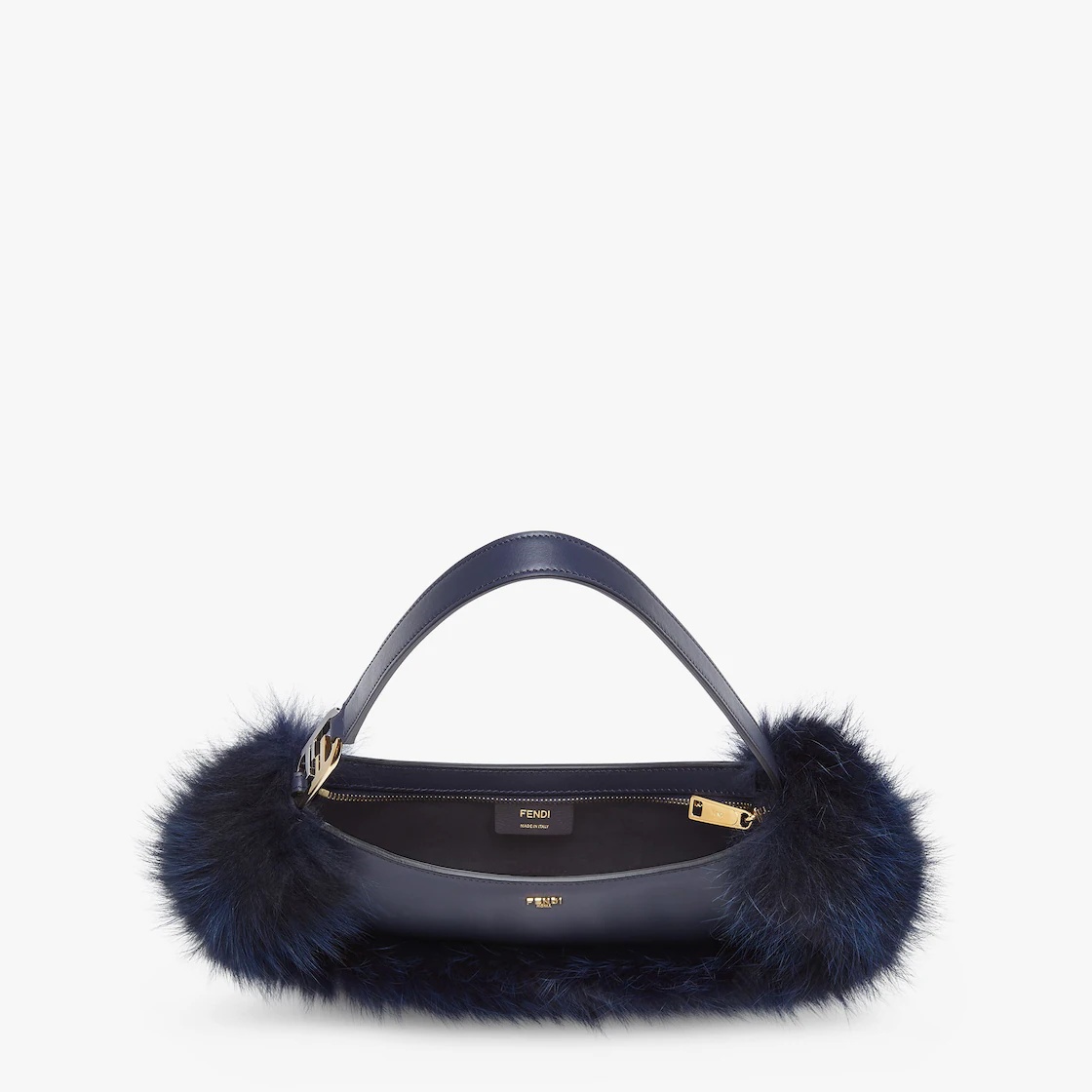 Pouch made of dark blue leather, embellished with tone on tone fox fur and decorated with Fendi Roma - 4