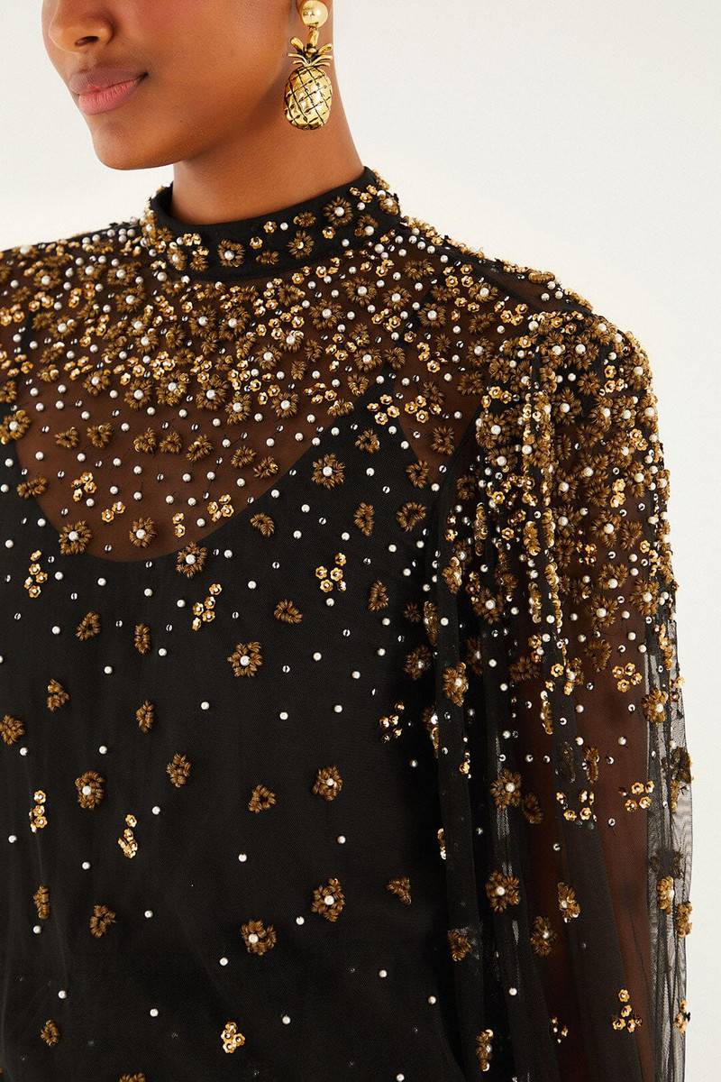 FARM RIO Black Embroidered Tulle Lined Blouse outlook