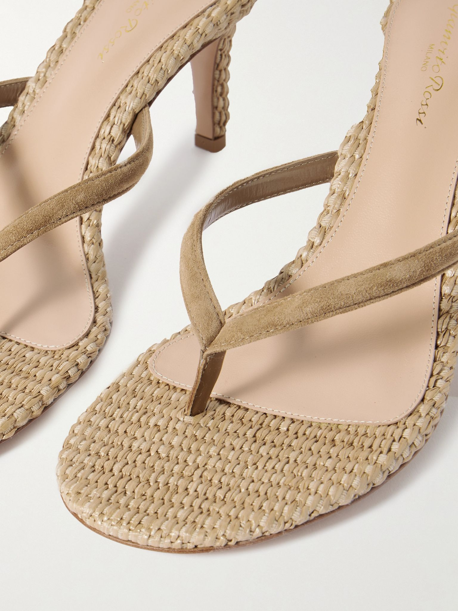 Calypso 80 suede-trimmed raffia sandals Taupe - 4