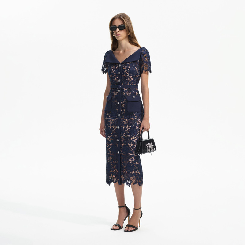self-portrait Navy Lace Open Neck Midi Dress - RS24-126M-BL | REVERSIBLE