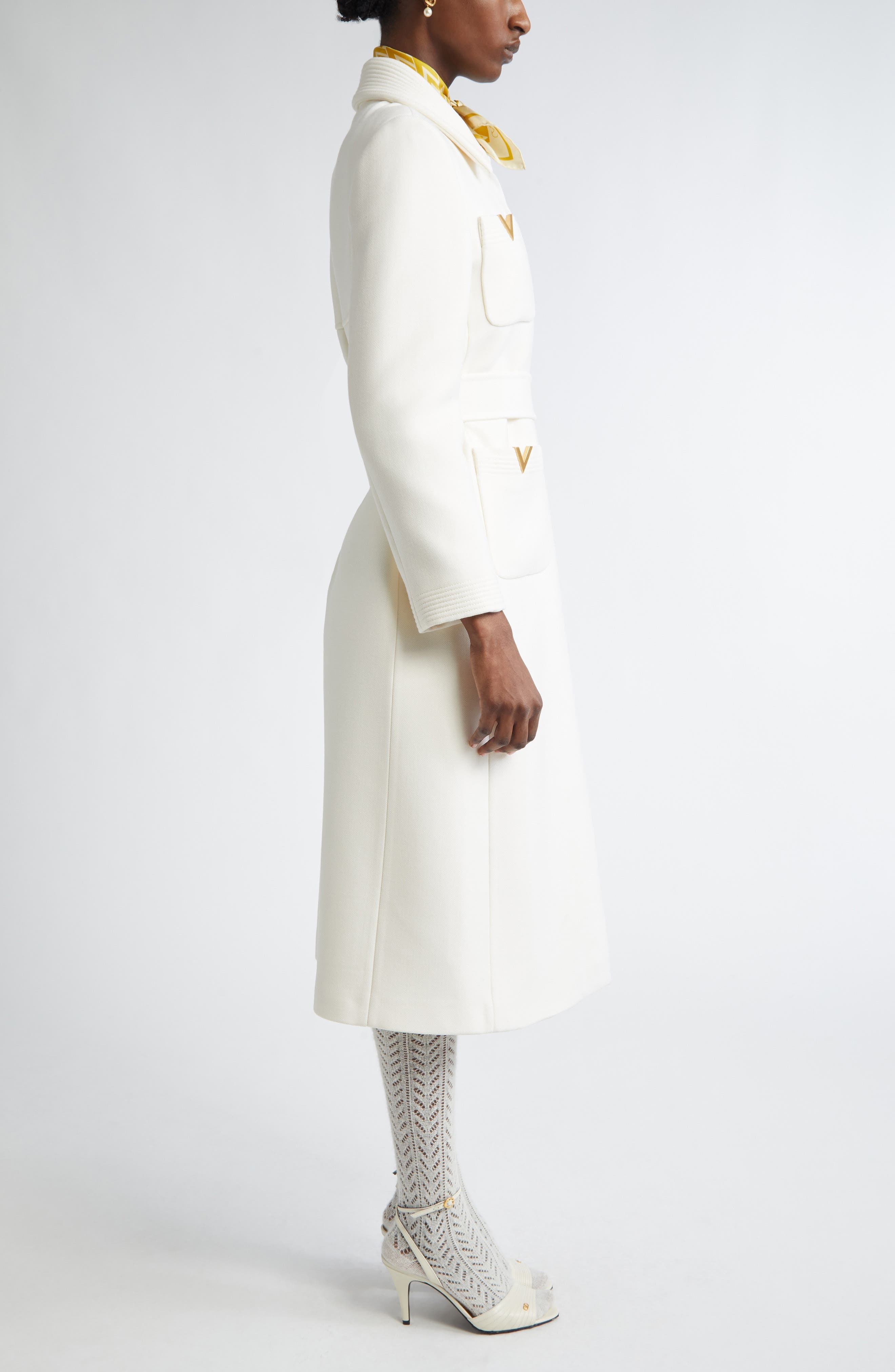 Valentino Garavani V-Detail Belted Virgin Wool & Silk Drill Coat in Avorio at Nordstrom - 3