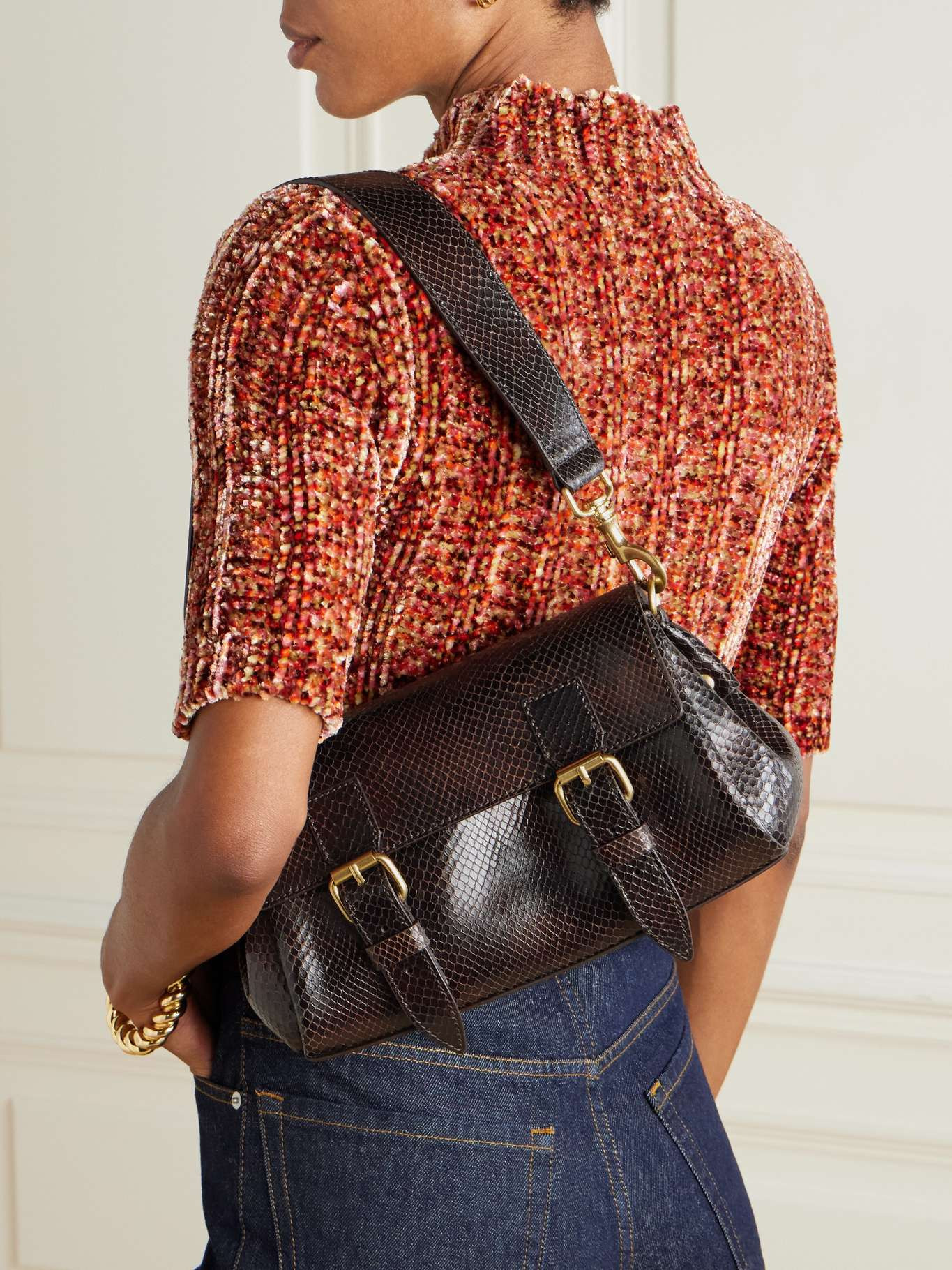 Snake-effect leather shoulder bag Dark brown - 2