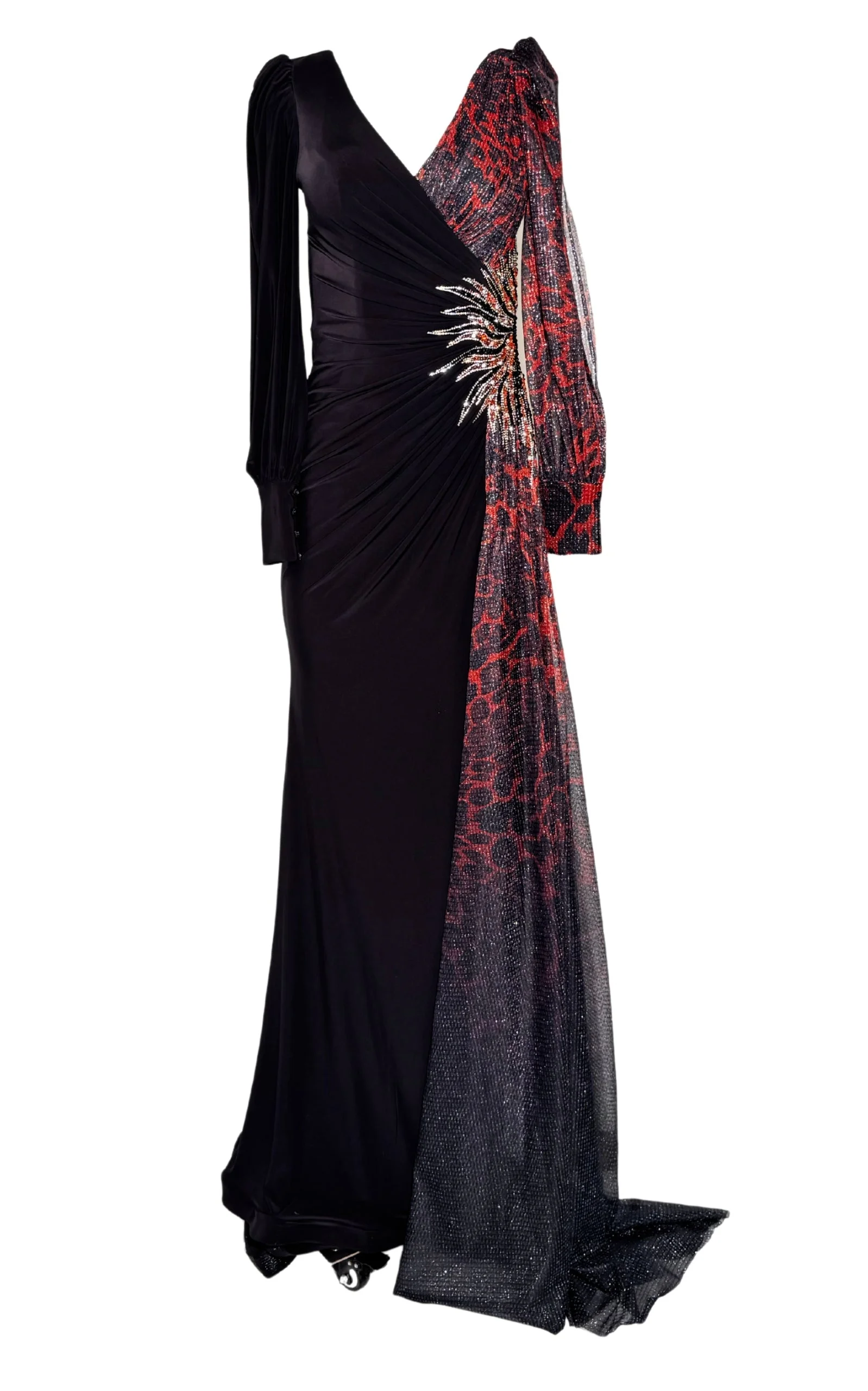 Dekolte - Red V-neck Leopard Pattern Evening Dress - 1