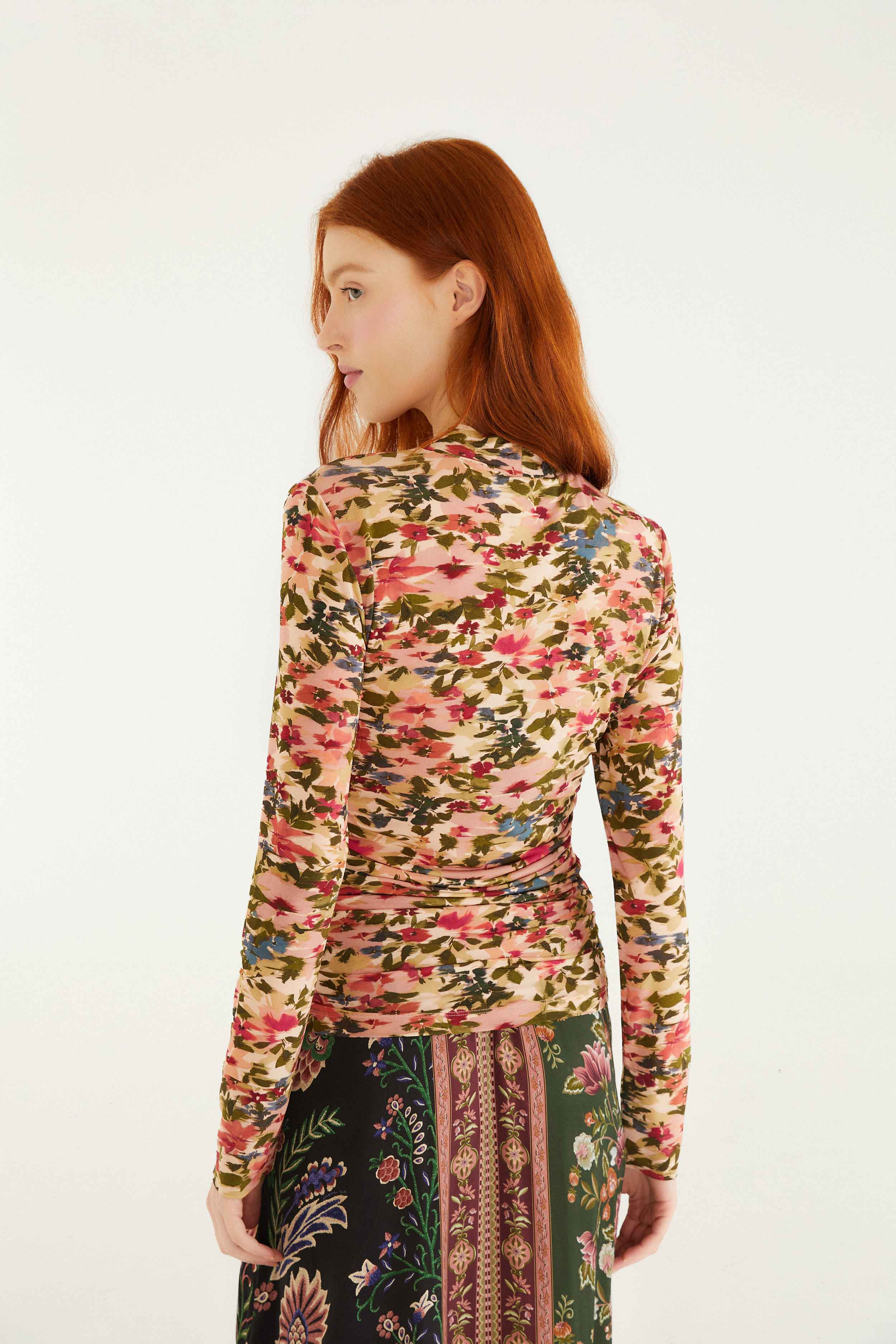 Pink Ikat Tiny Flowers Jersey Blouse - 3