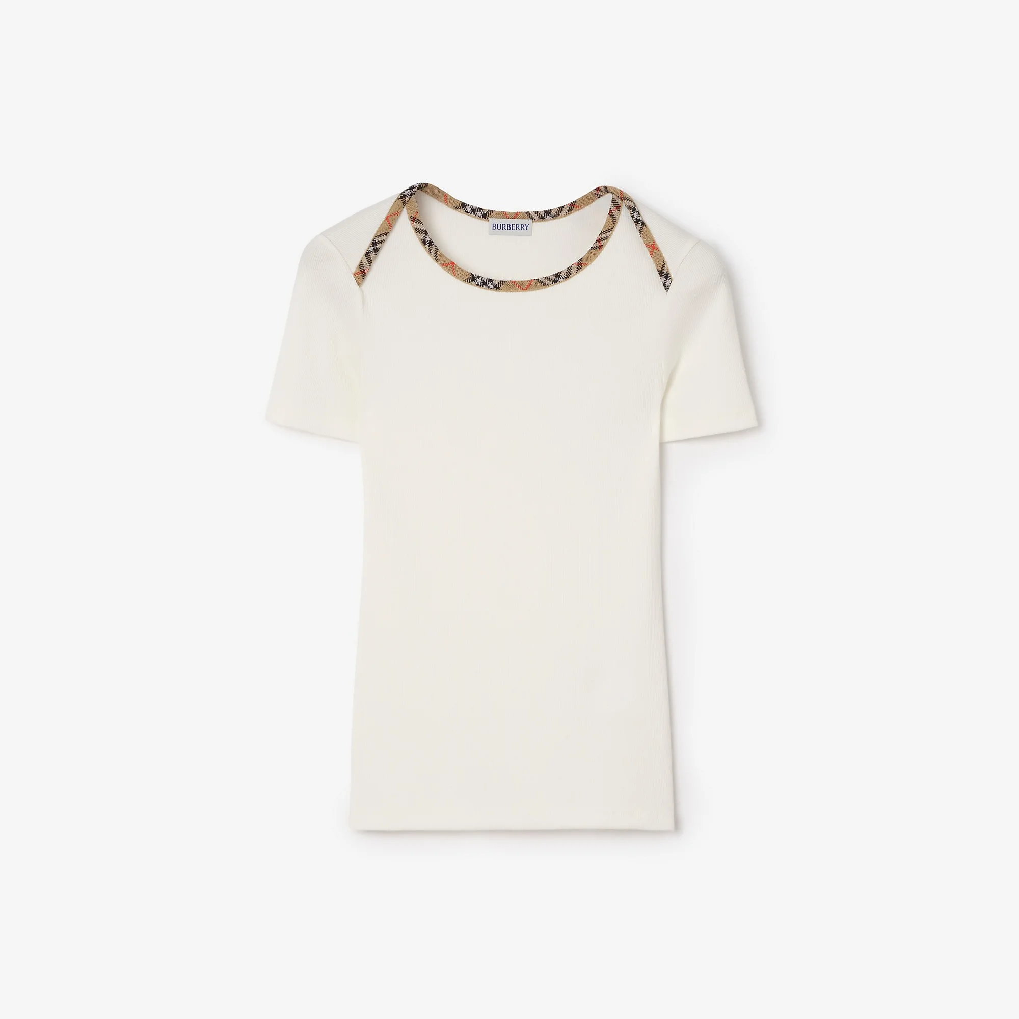 Check Trim Stretch Cotton T-shirt - 1