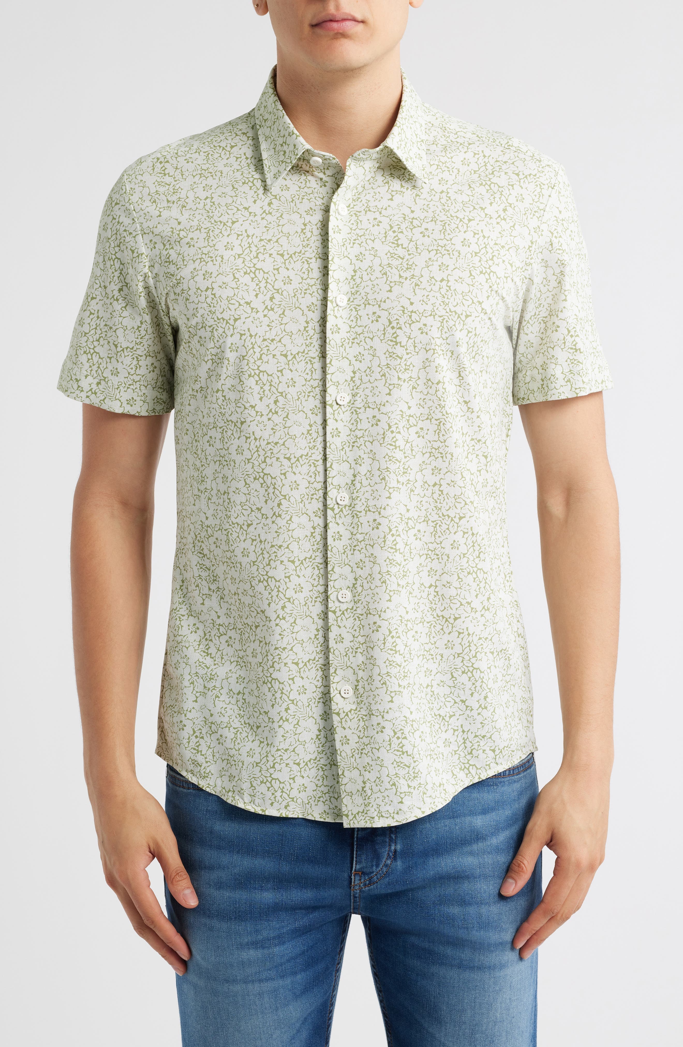 BOSS Roan Floral Short Sleeve Stretch Button-Up Shirt in Medium Green at Nordstrom - 1