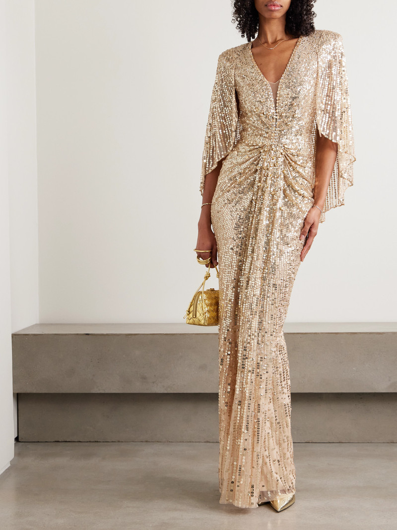 JENNY PACKHAM Carrie Cape-effect Draped Sequined Chiffon Gown outlook