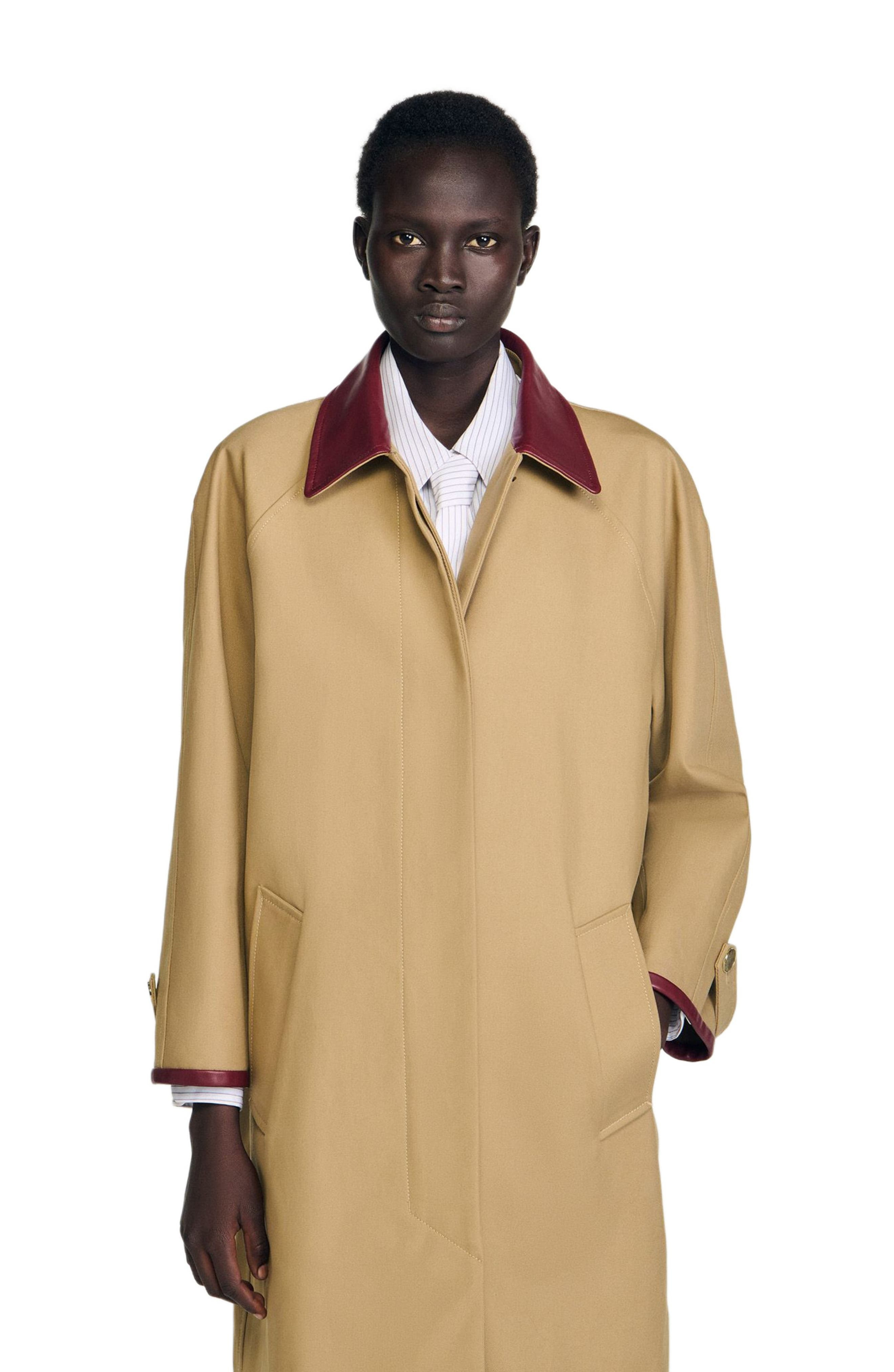 SANDRO Trench coat with leather collar in Beige at Nordstrom - 3