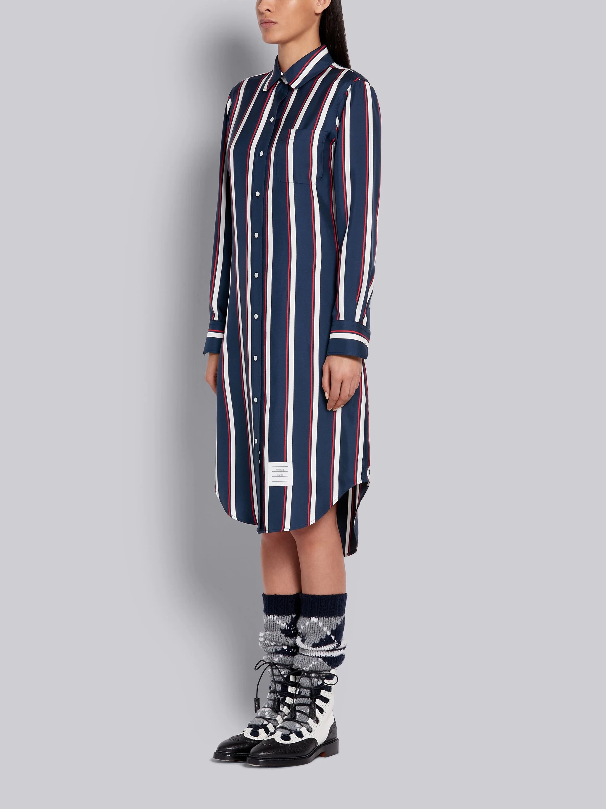 Tricolor Silk Twill Bold Rep Stripe Round Collar Long Sleeve Shirt Dress - 2