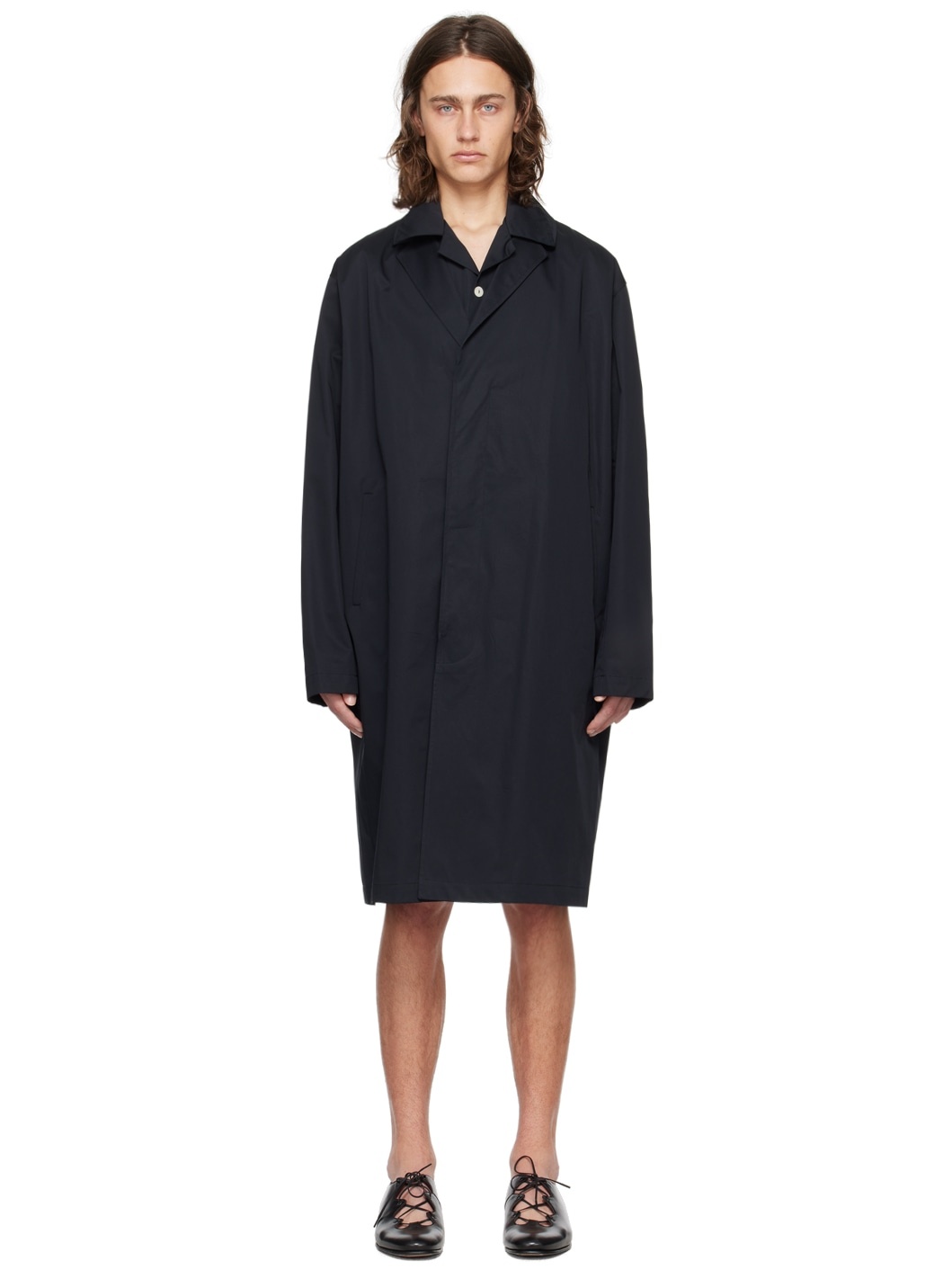 Black Notched Lapel Trench Coat - 1