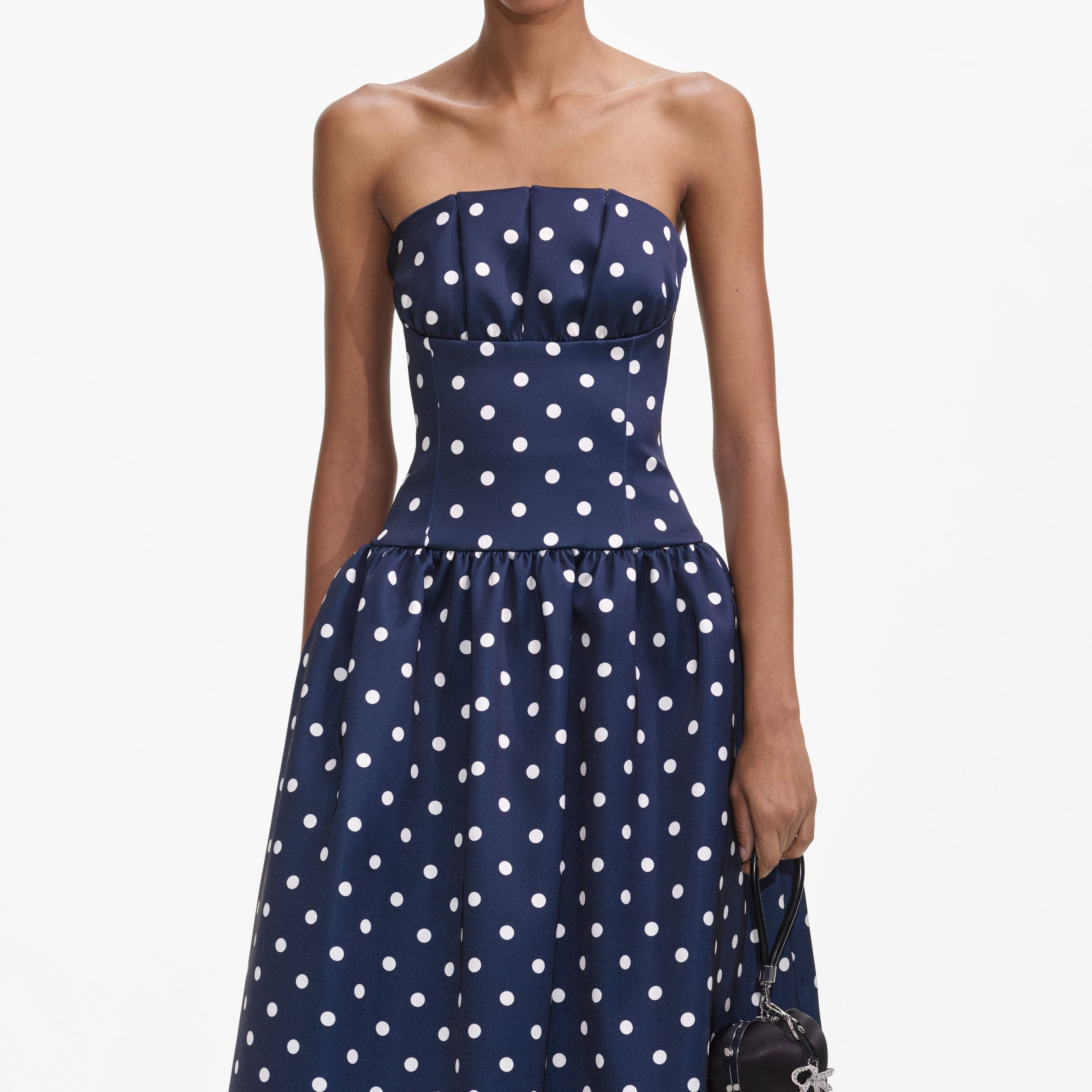 Navy Polka Dot Satin Midi Dress - 4