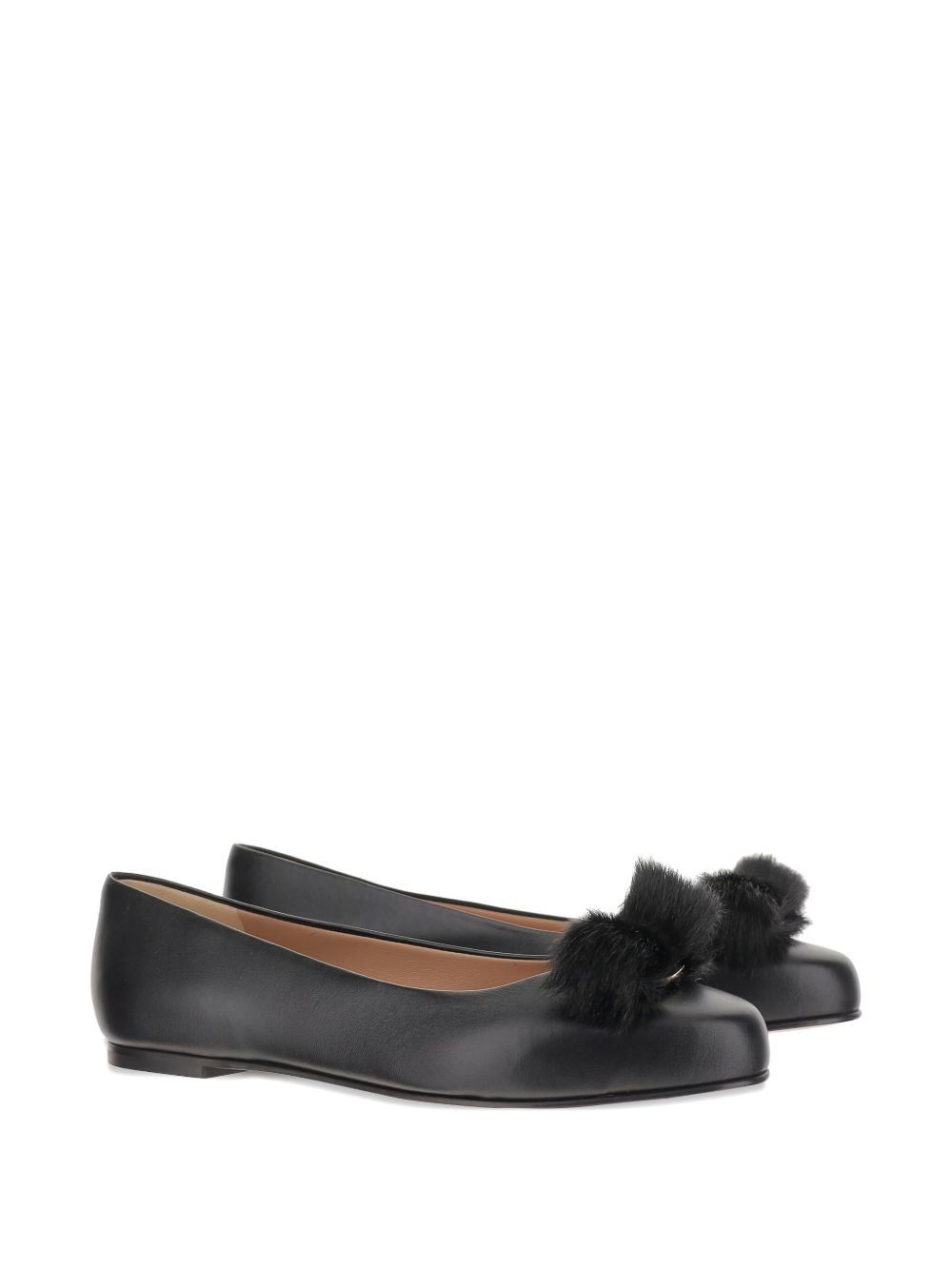 Vara leather fur-pompom ballerina shoes - 2