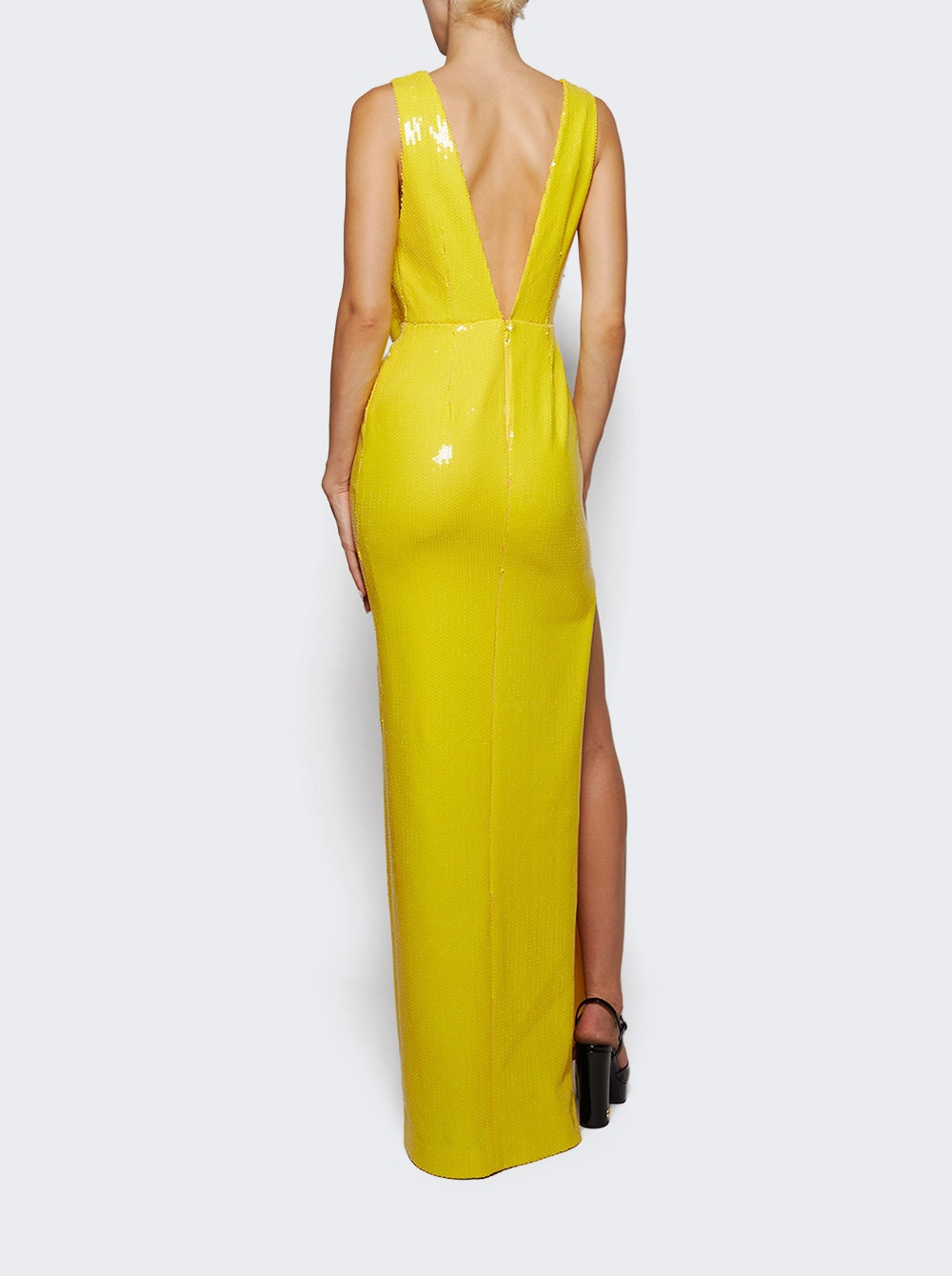 Draped Cowl Column In Mesh Sequin Yellow - 4