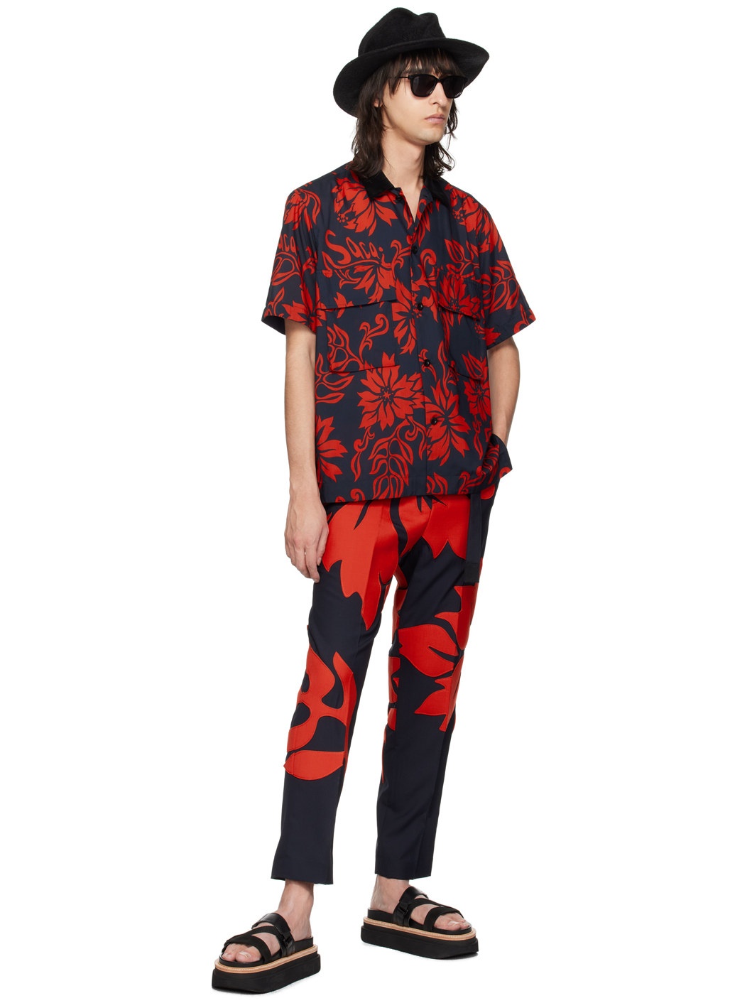 Navy & Red Floral Appliqué Trousers - 4