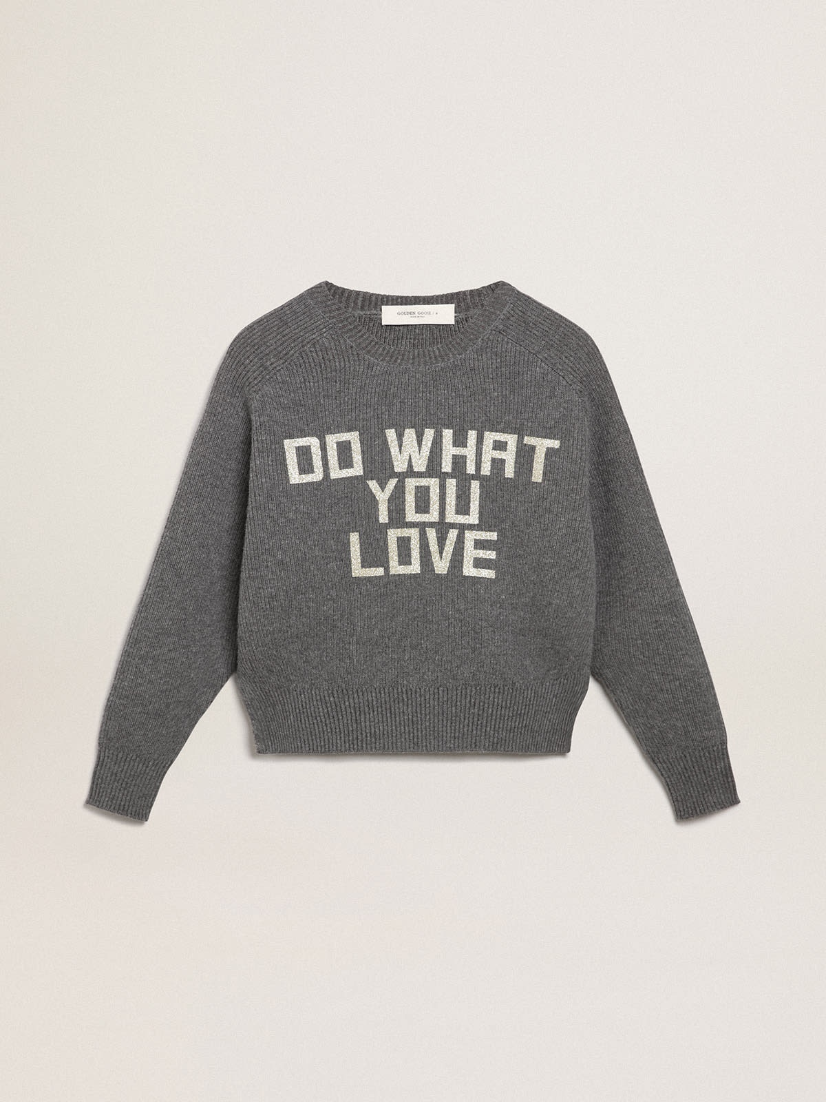 Women's gray round-neck sweater with glitter lettering - 1