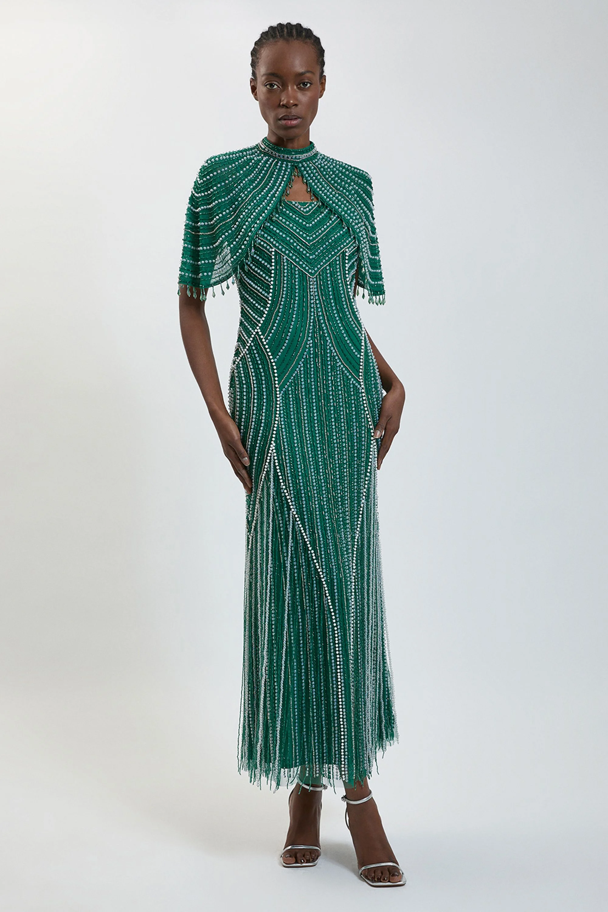 Petite Crystal Embellished Woven Maxi Dress With Removeable Cape - 1