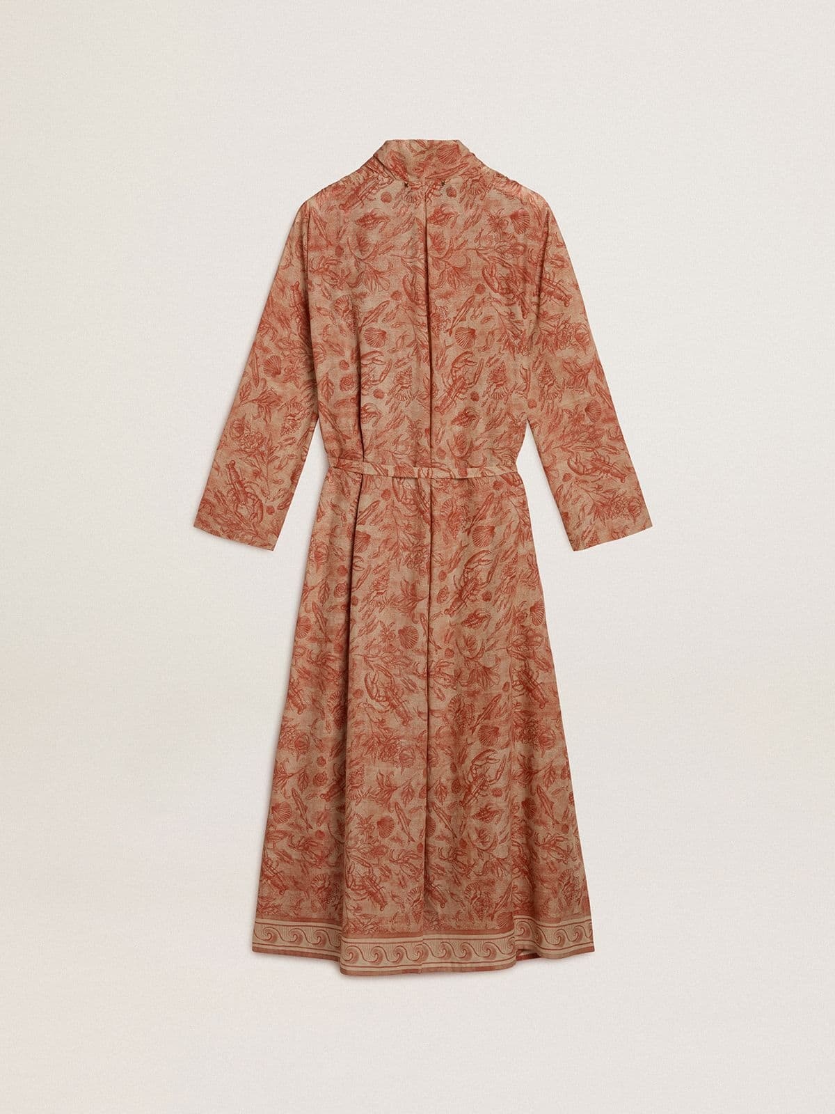 Women's kaftan in cotton voile with all-over brick-red marine print - 6