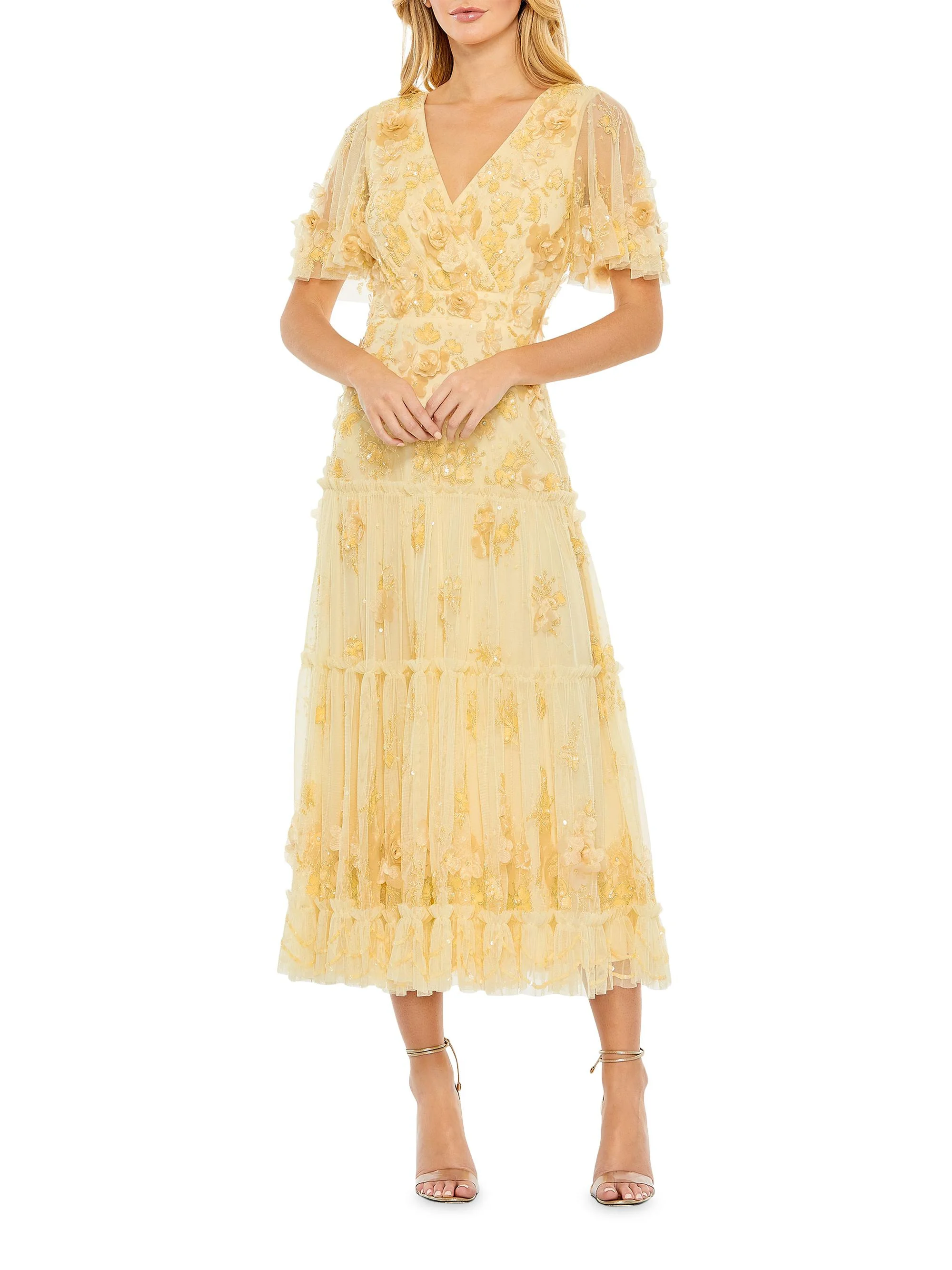 Women's Floral Embellished Tiered Midi-Dress - Butter - 1