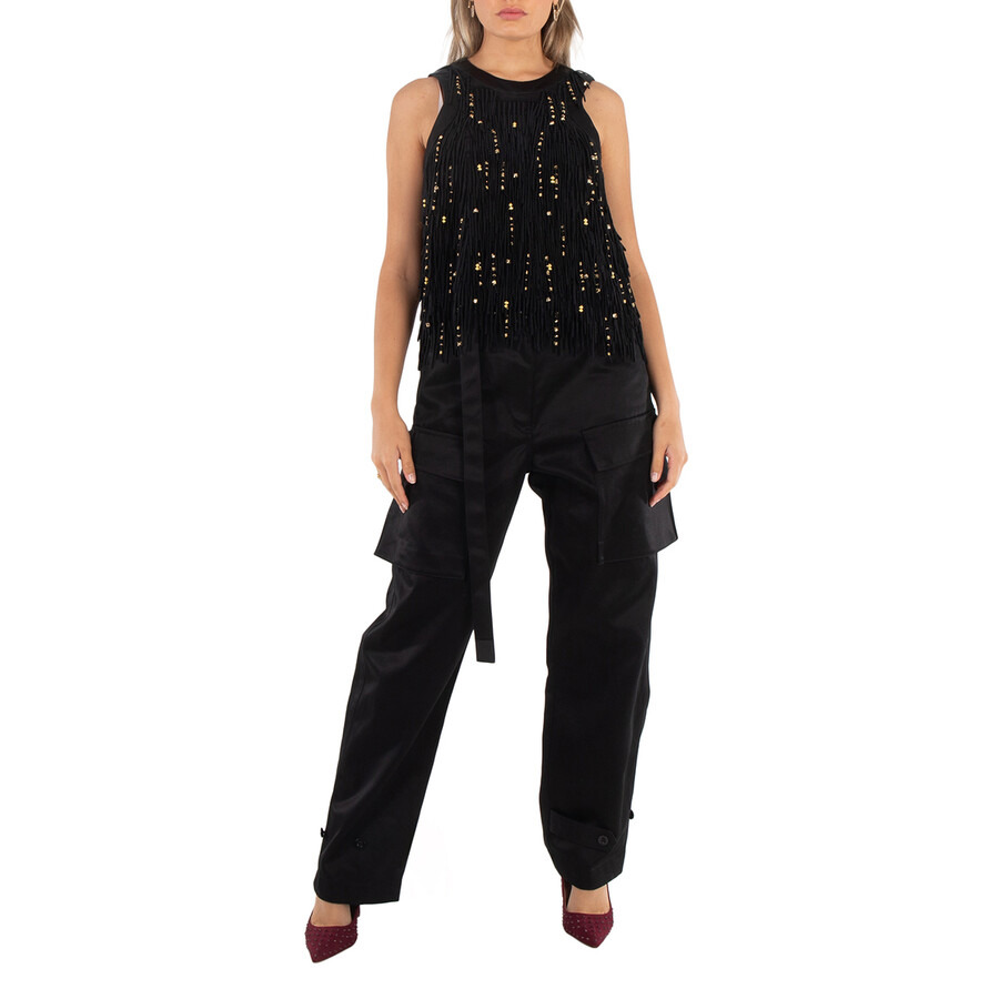 Sacai Ladies Black Beaded Fringe Lace Tank Top, Brand Size 1 - 6