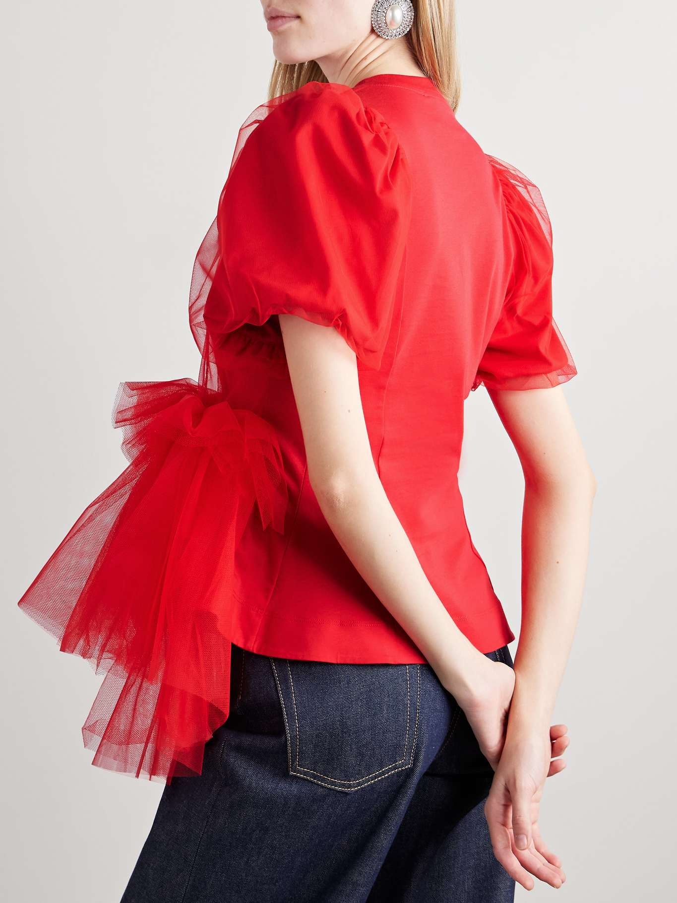 Layered ruffled cotton-jersey and tulle T-shirt Red - 3