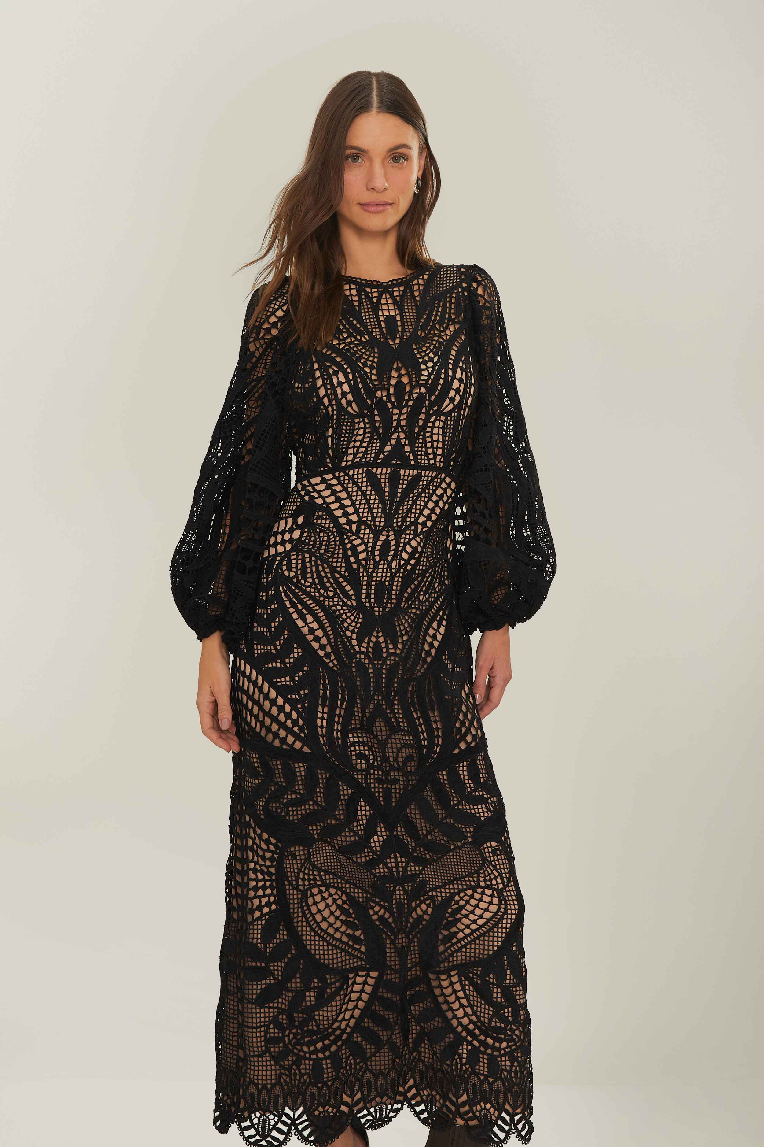 Black Nature Guipure Midi Dress - 2