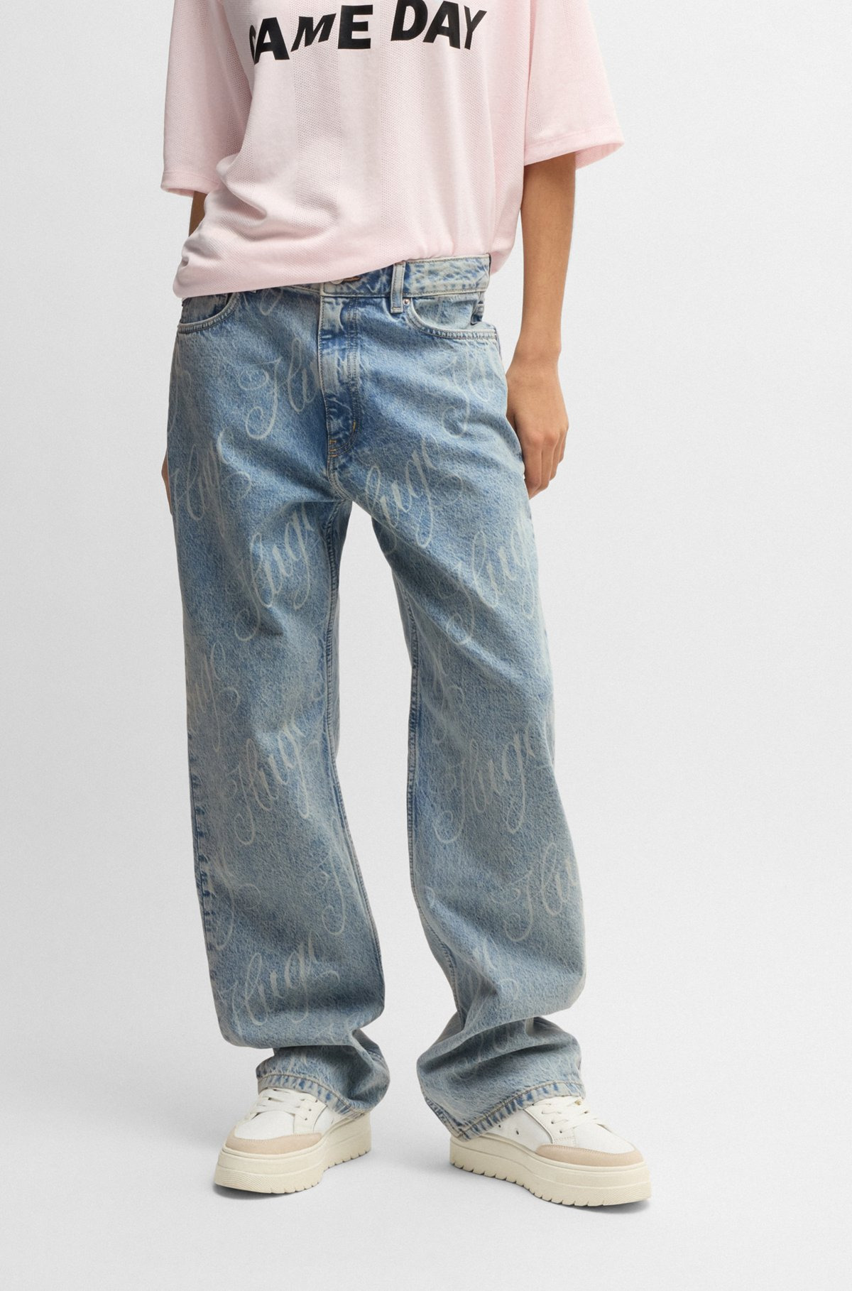STRAIGHT-FIT JEANS IN BLUE DENIM WITH PRINTED LOGOS - 2